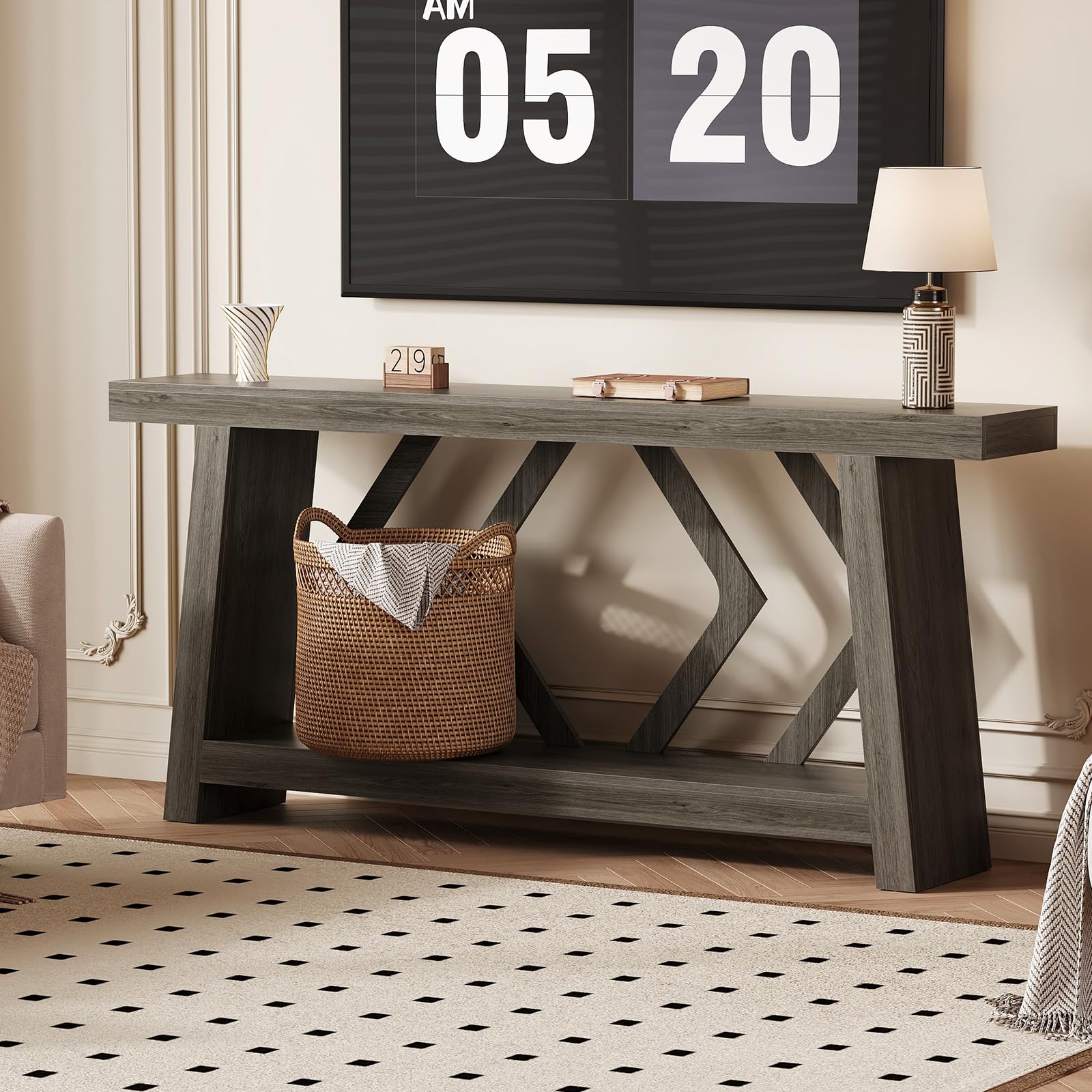 Photo 1 of ****MISSING BUILDING INSTRUCTIONS **** GarveeLife Console Table for Entryway, 70.9 Inch Narrow Farmhouse Couch Table Behind Sofa with 2-Tier Storage Ultra-Stable Trapezoid Leg Sofa Table Behind Couch for Entrance Foyer Living Room