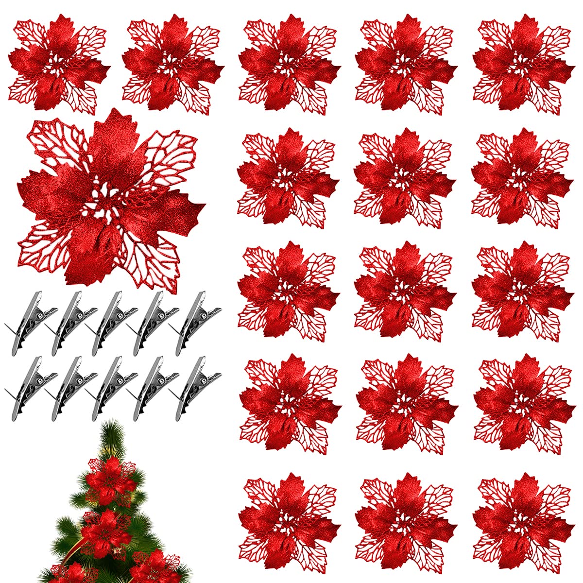 8 Fiori Di Stella Di Natale Artificiali Glitterati 21 Cm, Testa 23 Cm, Con Stelo E Clip, Decorazioni Natalizie Rosse Per Albero, Ghirlande E Centrotavola