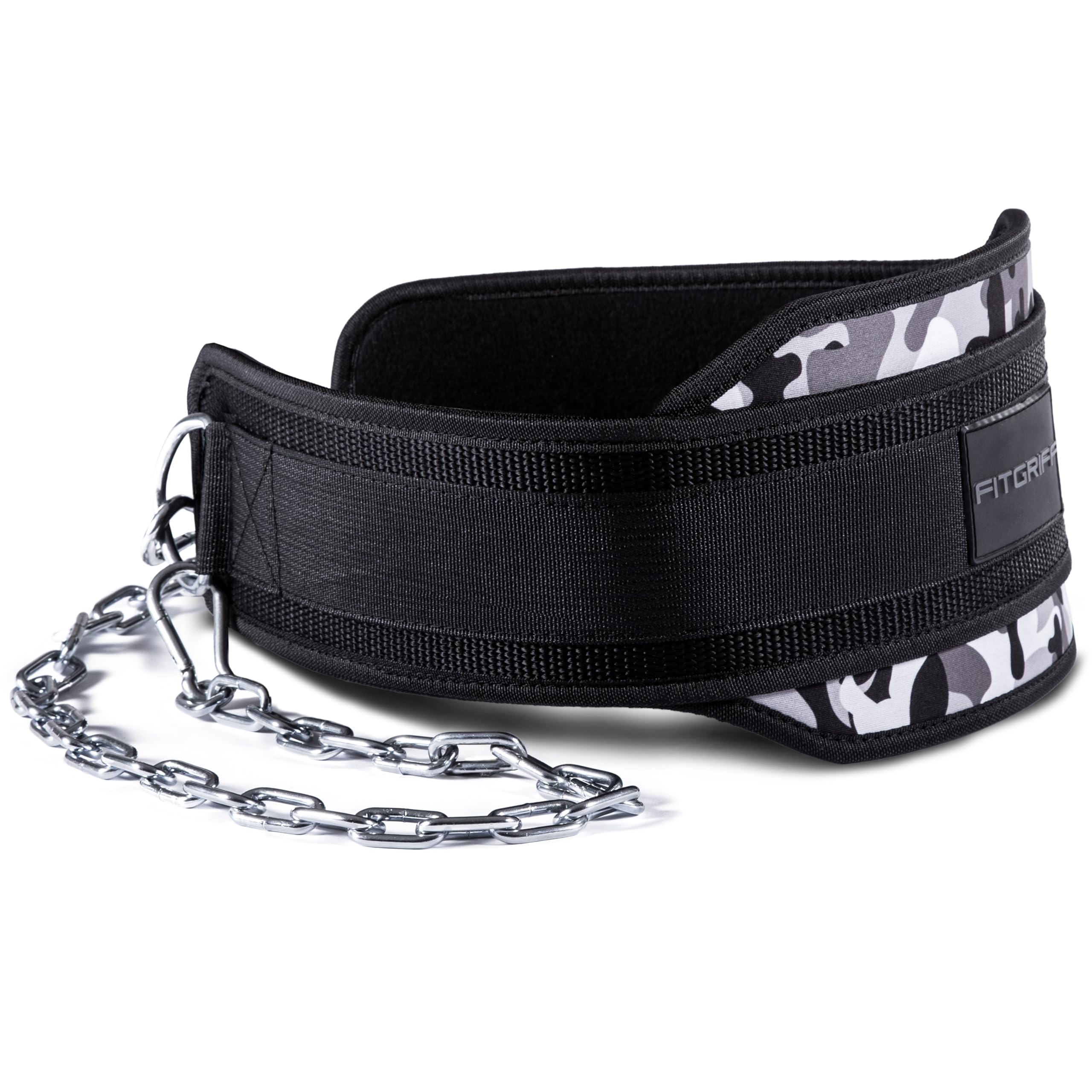 Fitgriff® Dip Gürtel mit Kette + 2 Karabiner, Dip Belt für Bodybuilding, Krafttraining, Gewichtheben - Gewichthebergürtel, Gewicht Gürtel (Camo, Onesize)