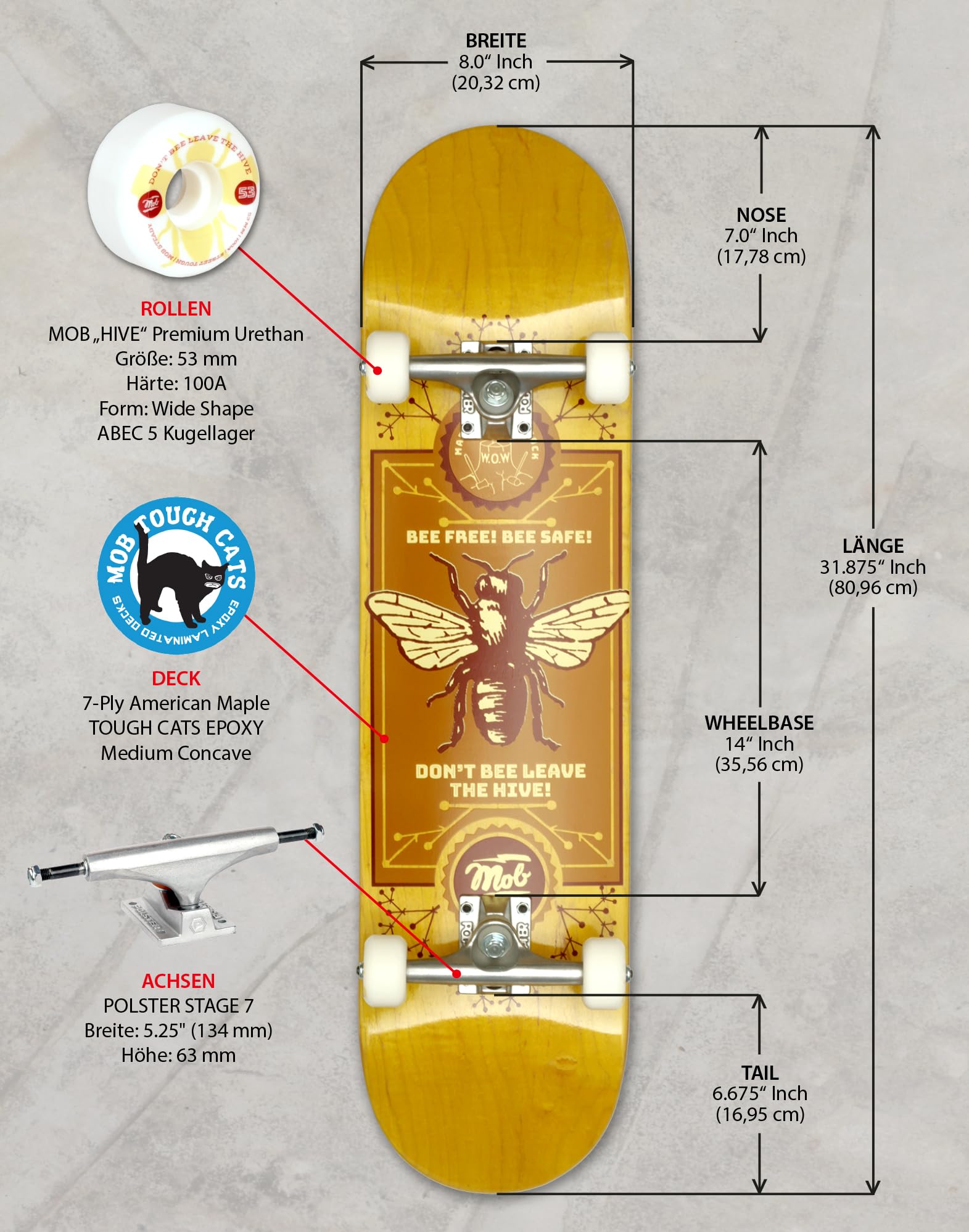 Mob Skateboards Bee 8.0 - Komplettboard 31 x 8 Zoll - Holzbrett aus 7 Schichten Ahornholz - fertig montiert - Skateboard für Jugendliche, Erwachsene, Anfänger und Profis - Gelb