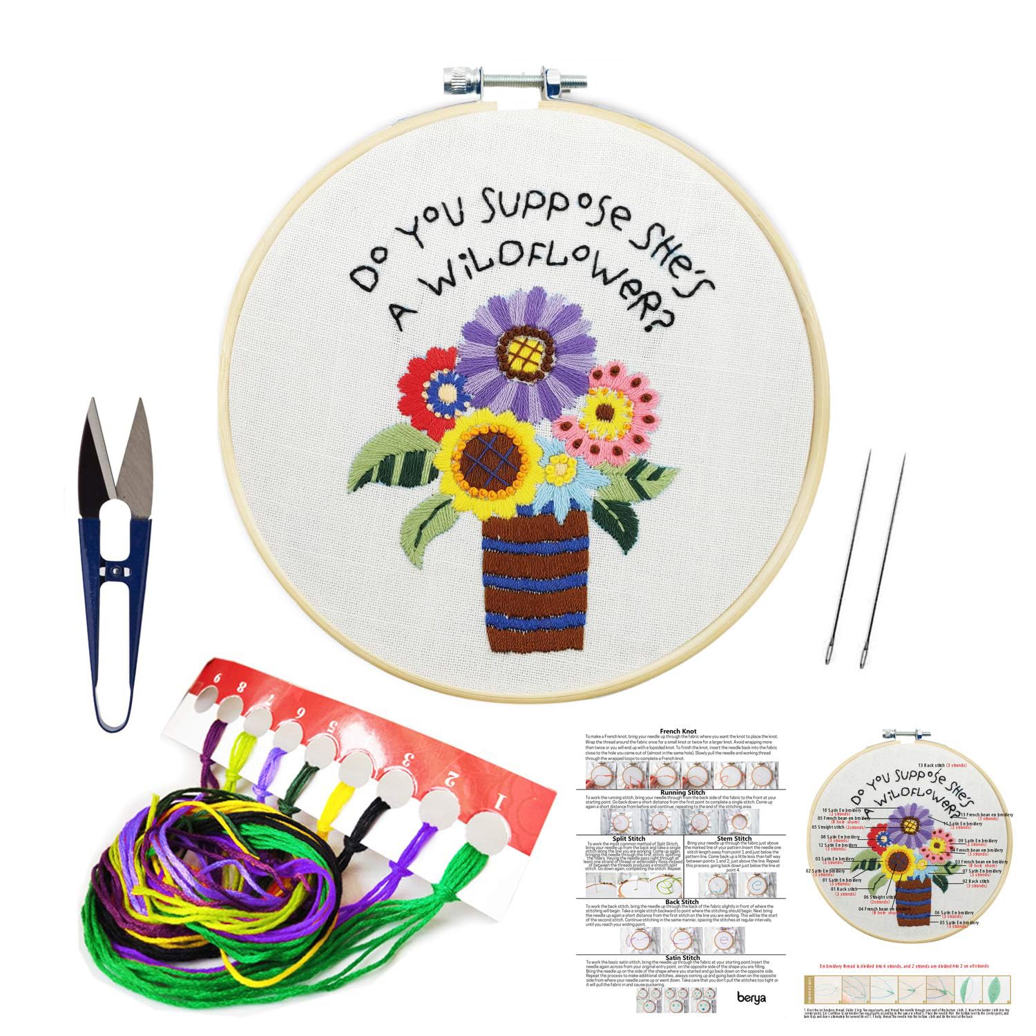 BERYAFlowers Embroidery Kit Including Video Step by Step Instructions,Embroidery Hoop,Color Threads and Embroidery Scissors for Beginners-Handmade Needlepoint Kits for Adults Kids