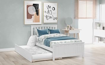 KLMM Wood Platform Bed Frame with Trundle Bed/Headboard/Footboard, Wood Slat Support Mattress Foundation, No Box Spring Needed, Twin White