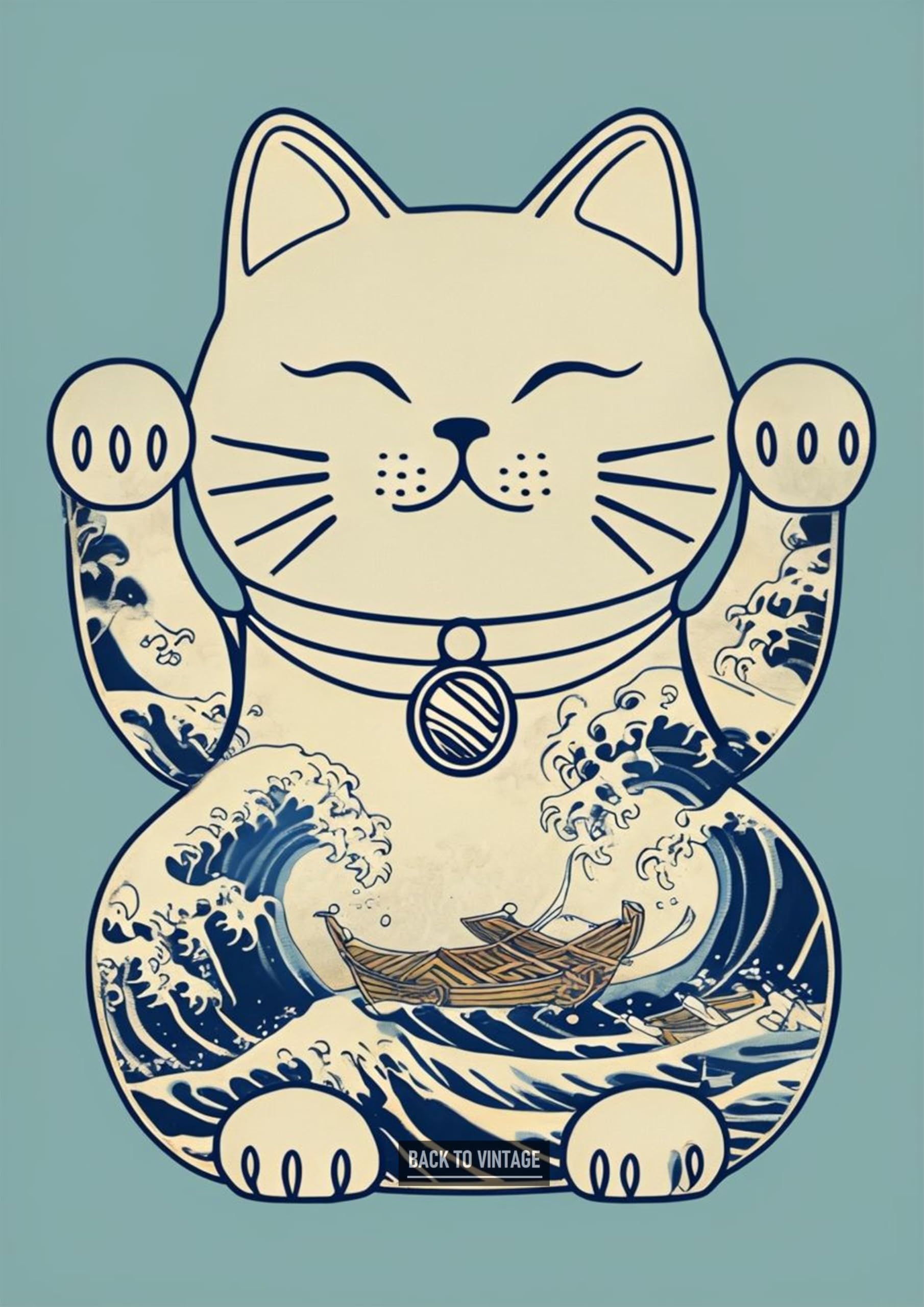 Back To Vintage Multicoloured Digital Illustration Of Maneki-Neko With Hokusai Wave Patterns - A4 Wall Art Poster Featuring Cute Cats Perfect For Home Or Office Decor Brings Joy And Warmth To Any Room With Feline Fun