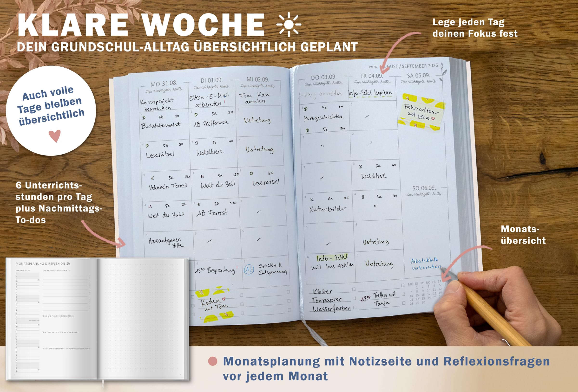 Eine der Guten Grundschulplaner 2026/2027 A5 Softcover – Lehrerkalender Grundschule 2026 2027 | Leseband, 6 Stunden, Beobachtungsbögen | nachhaltig, FSC-Papier, klimaneutral | Creme Blau Rosa Blumen