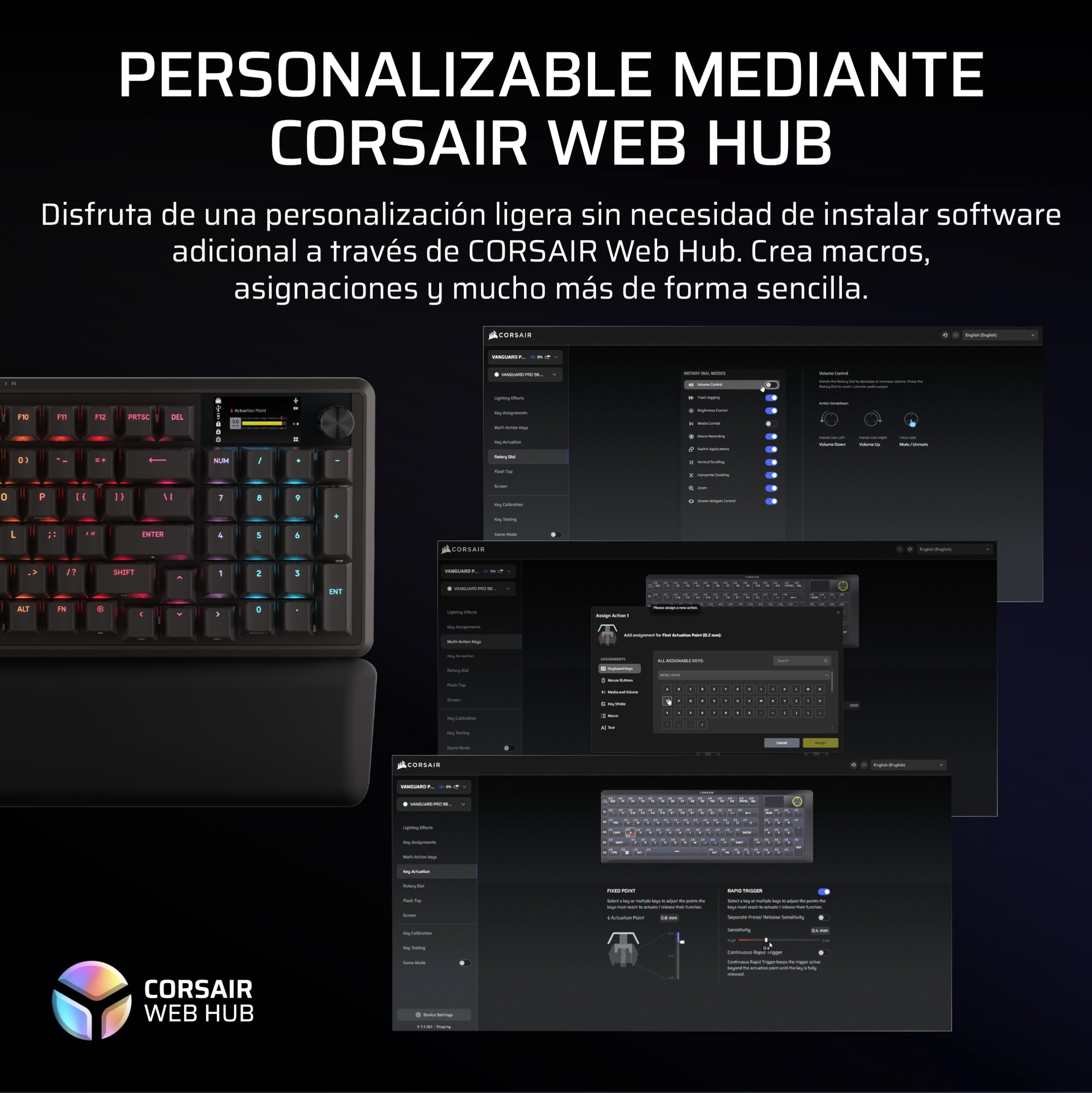 Corsair Vanguard Pro 96 Efecto Hall Teclado con Cable para Juegos - Negro | QWERTY ES, Formato 96%, MGX Hyperdrive Interruptores, 8 000 Hz, Rapid Trigger, Virtual Stream Deck, Flashtap SOCD