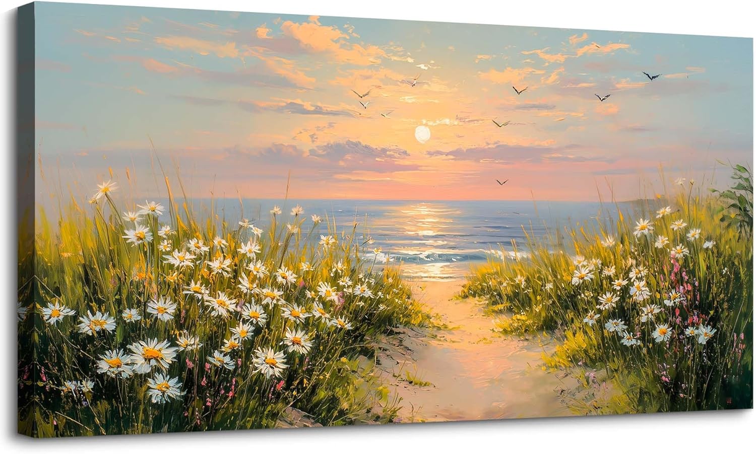 SLYCAY Large Wall Art for Living Room, Coastal Daisy Landscape Canvas Prints, Ocean Sunset Painting Decor, Beach Seaside Wildflower Wall Decor Aesthetic, Dining Room Bathroom Kitchen Artwork 24"X48" Sunset Floral Coast 48L"x 24W"