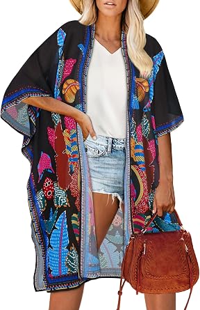 Women Kimono Beach Coverups Summer Bathing Suits Cover Up Cardigan Swimwear | ROSEMIA chiffon kimono open front cardigans, plus size cover ups for swimwear, casual loose resort wear, beach outfits