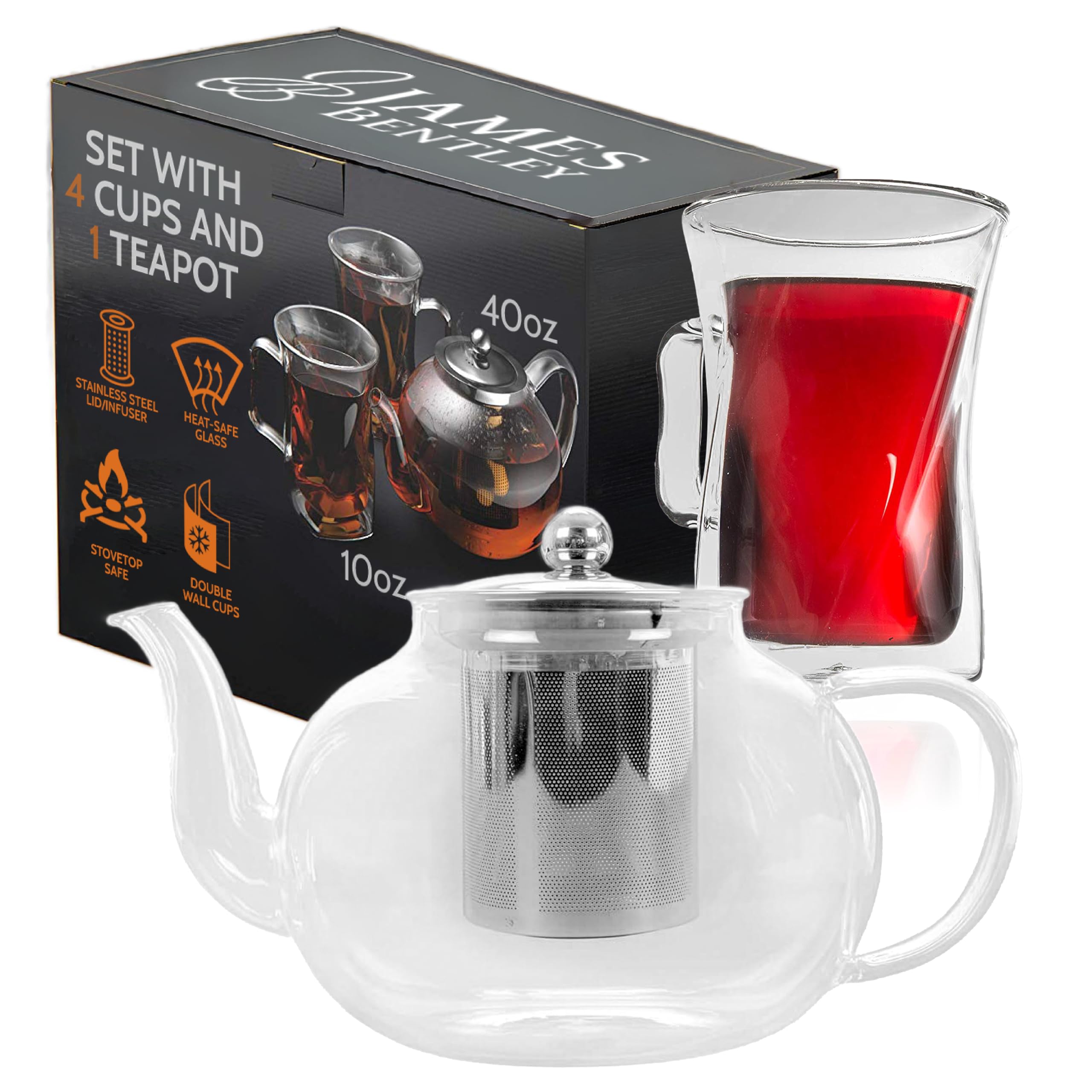 James Bentley Glass Coffee and Tea Set – Borosilicate Glass Teapot Set for Adults with 40oz Teapot & 4 Insulated Glasses, Stainless Steel Strainer for Bags and Loose Tea– Microwave, Dishwasher Safe