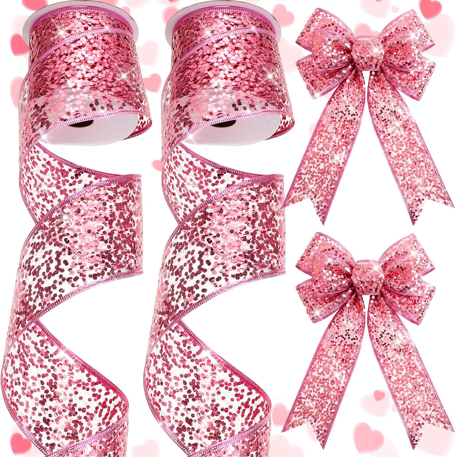 2 Rolls Pink Glitter Mesh Wired Ribbon Christmas Party