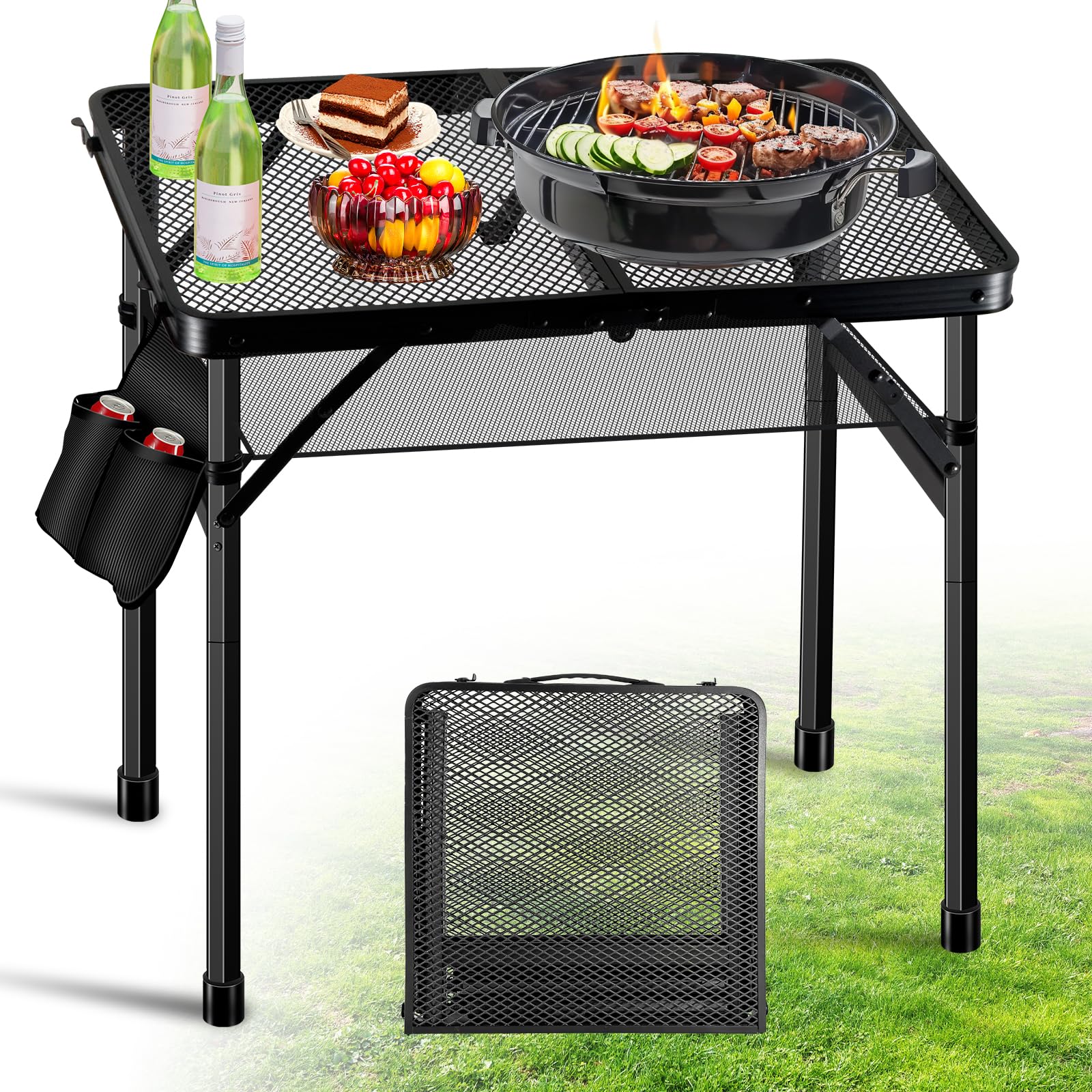 Upgraded Folding Grill Table - Metal Portable Camping Table, 2 Height Adjustable Max 22", Lightweight Foldable for Outside BBQ 24"x15.8"