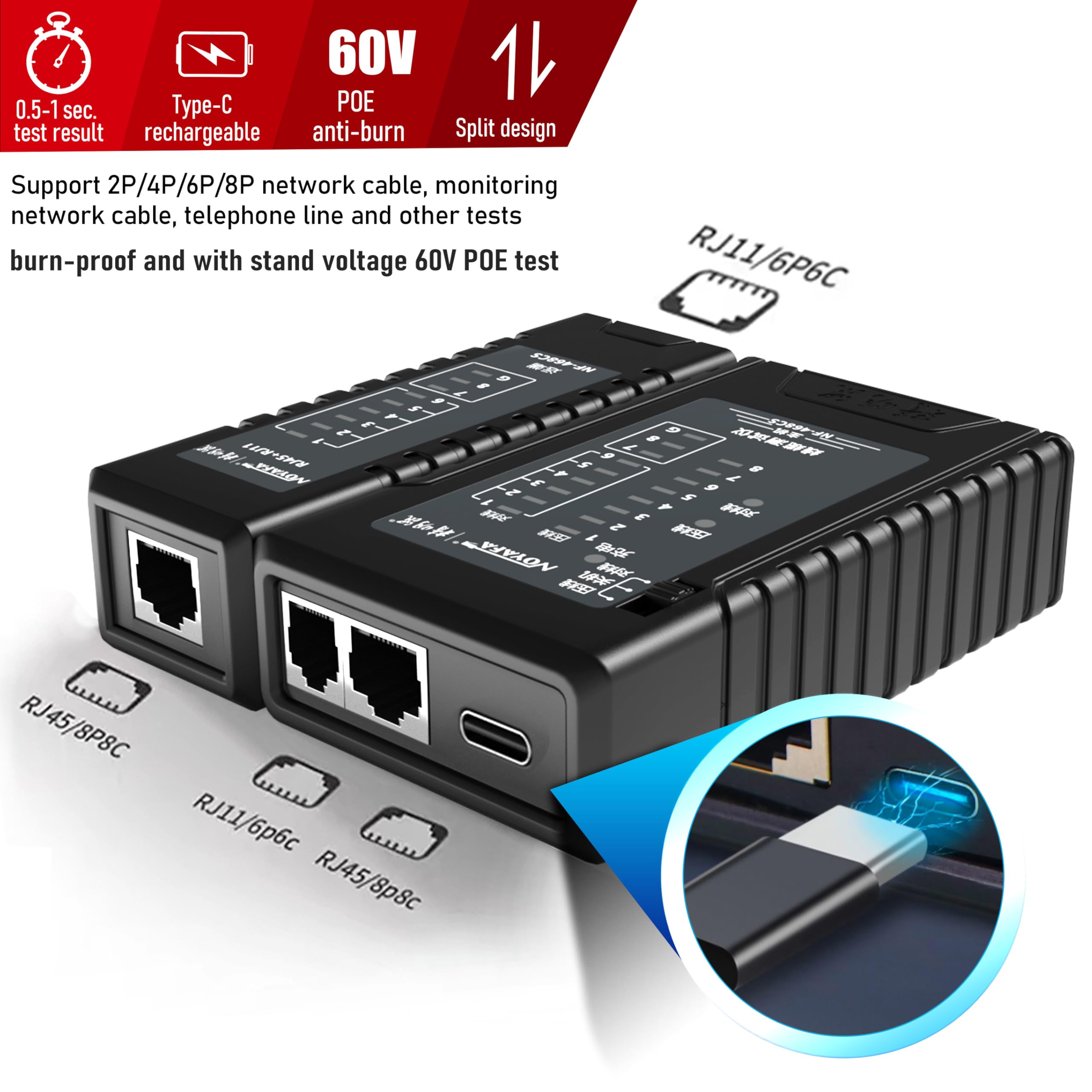 NF-468CS Testeur de câble réseau Ethernet pour câbles RJ45 RJ11 RJ12 POE/Cat5 Cat5e Cat6 Cat6a Cat7 UTP/Shield Câbles LAN Outil de test de câble de vérification de connexion LAN (qualité