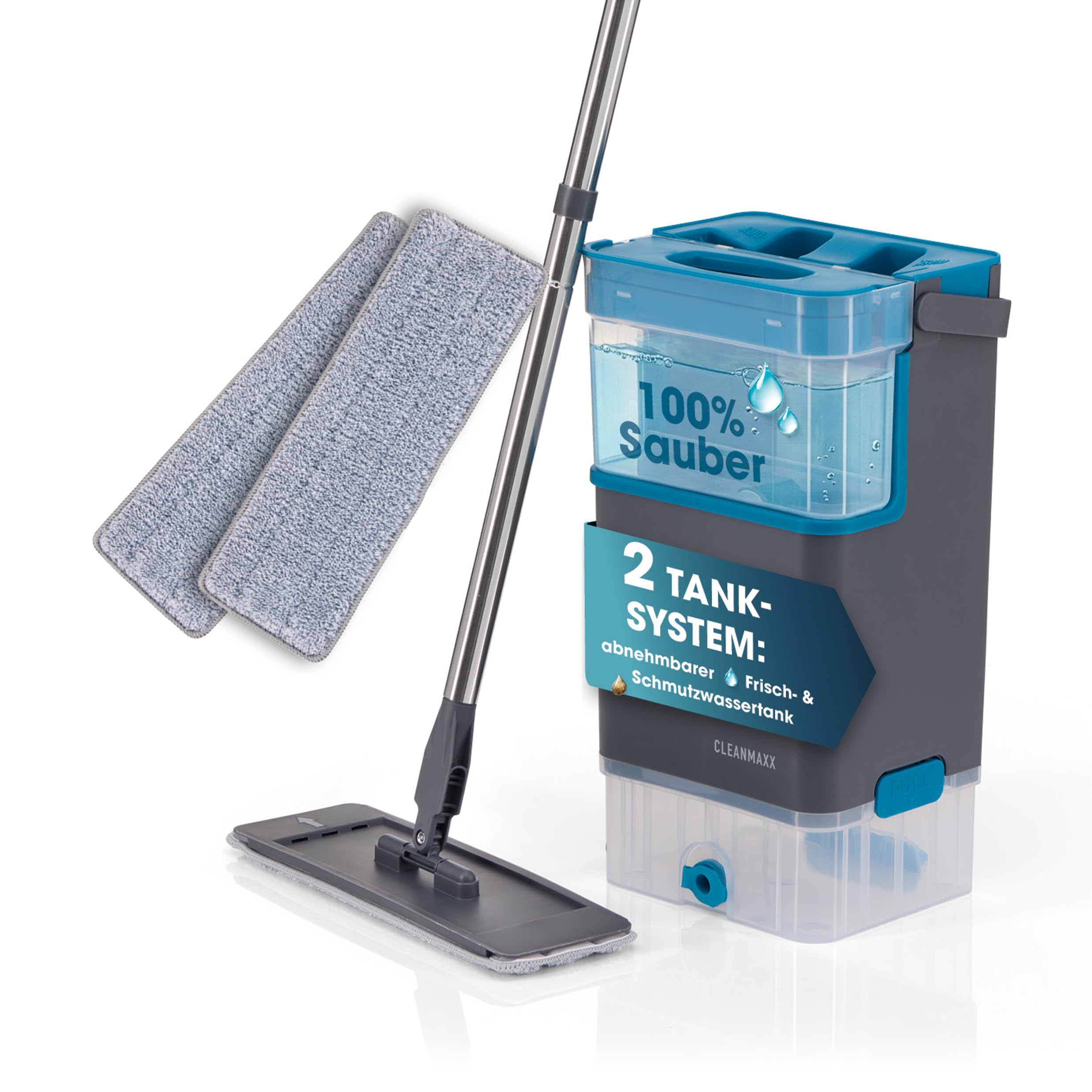 CLEANmaxx Komfort-Mopp DuoTank + Ersatz-Wischpad 2er-Set - Bodenwischer mit abnehmbaren Tanks, Wischmopp mit 100 % hygienisch getrenntem Frisch- & Schmutzwasser | Wash- & Dry-Zonen