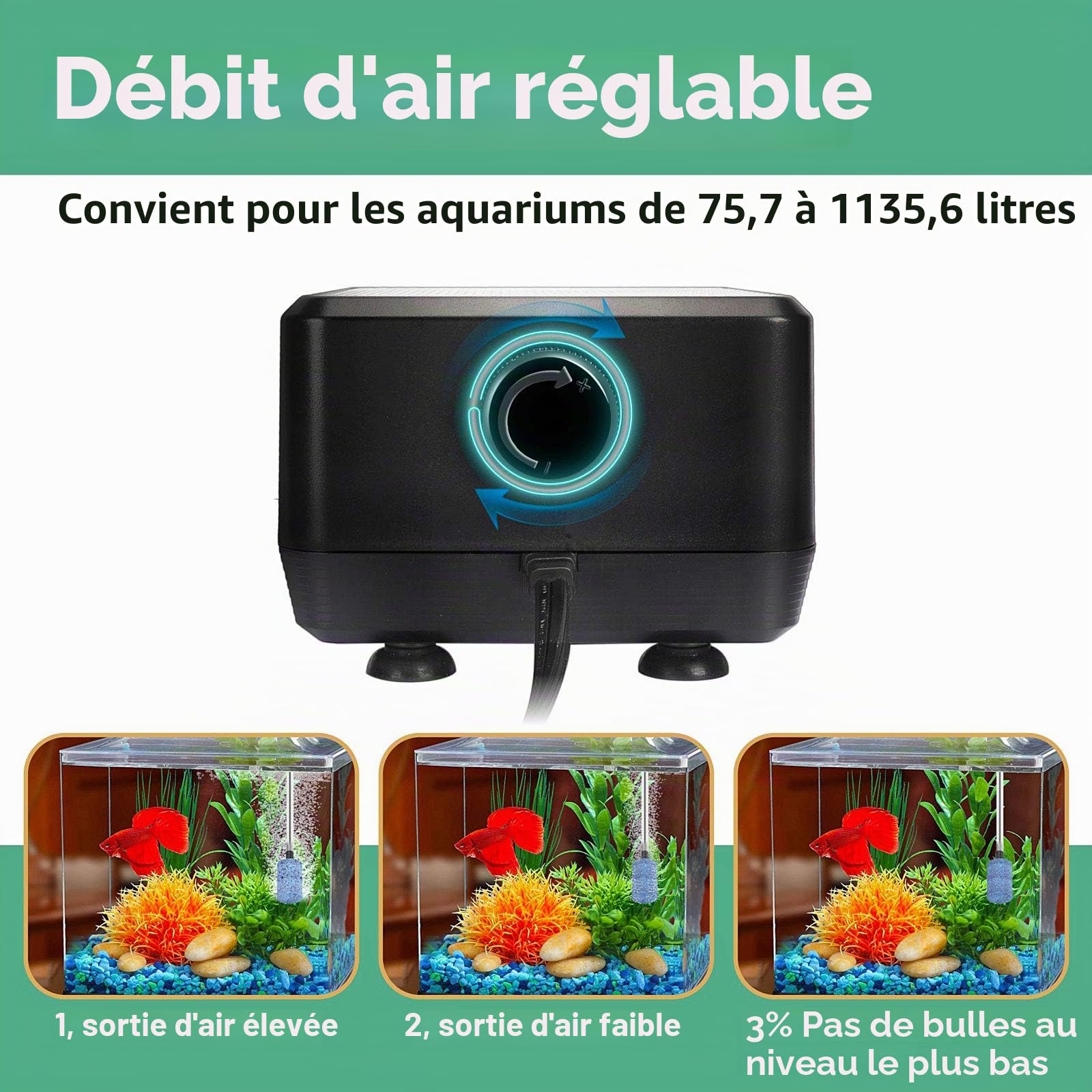 hygger Pompe à air d'aquarium la plus silencieuse, pompe à oxygène réglable, 2 sorties d'air 5 W/10 W, ultra silencieuse, puissante pompe à aérateur
