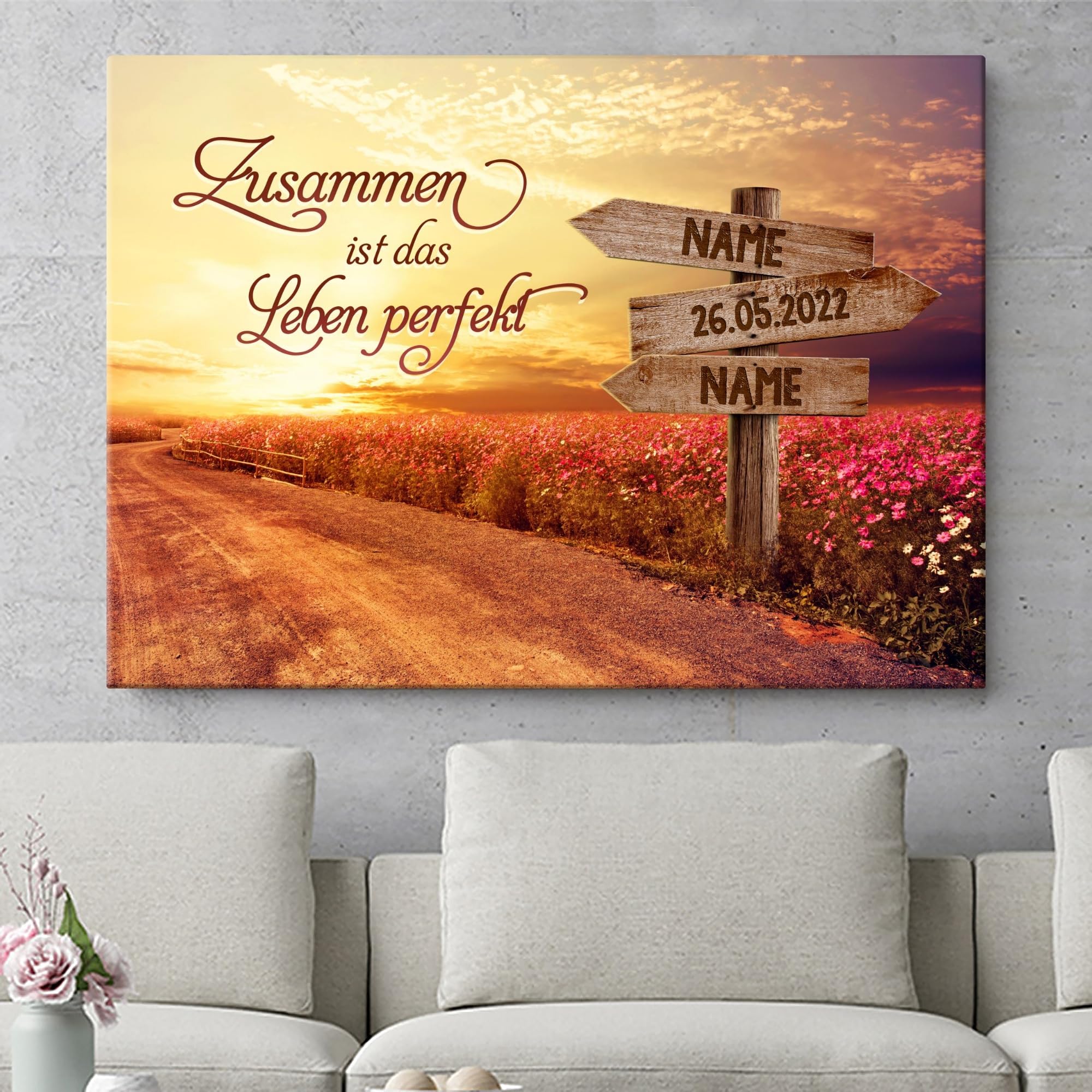 Liebesleinwand Leinwand personalisiert Weg zum Glück | Geschenk für sie oder ihn zum Jahrestag, Verlobung, Hochzeitstag | Leinwandbild gestalten mit Namen und Datum