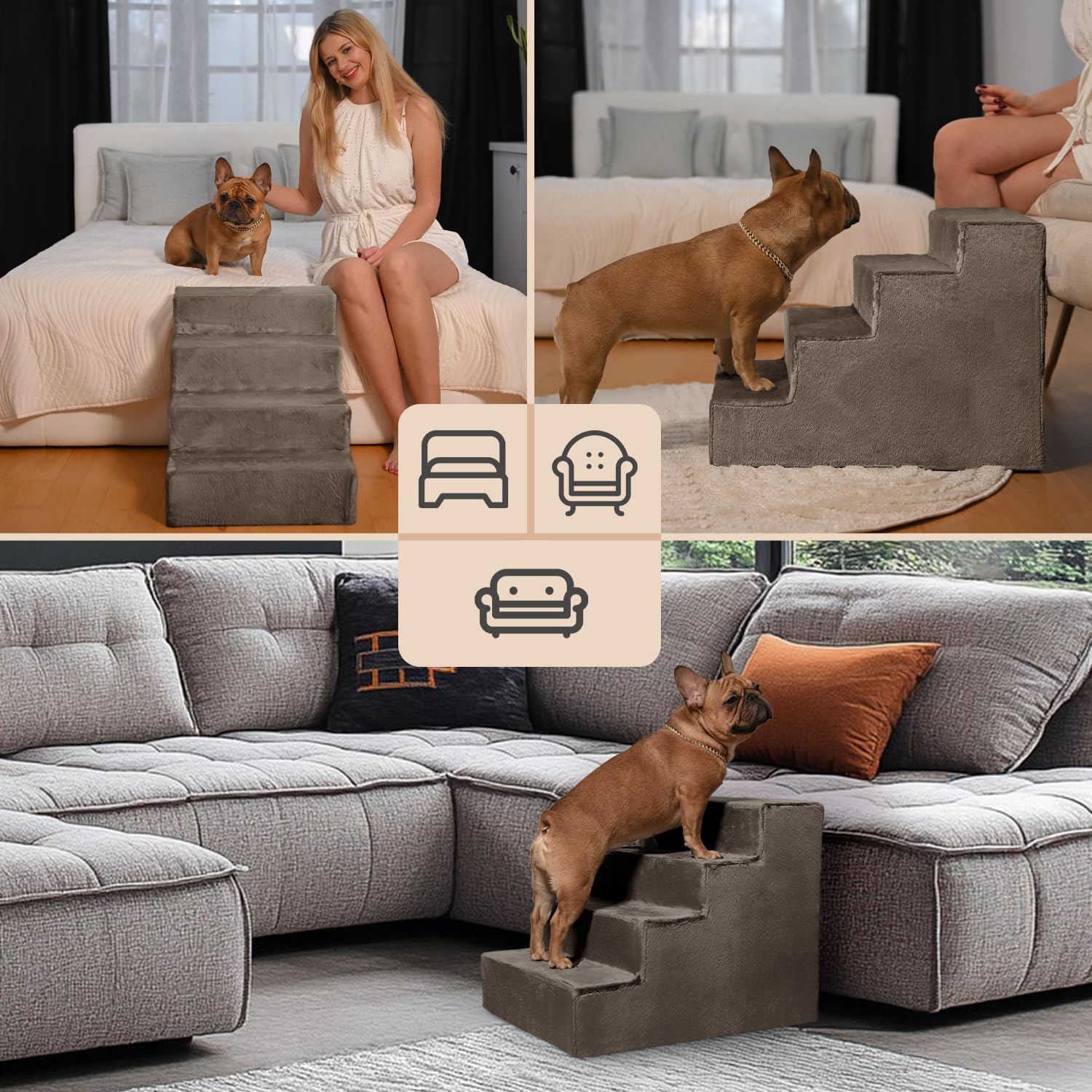VELORA H&L Hundetreppe 4 Stufen Hellbraun - Stabile Holzkonstruktion mit Veloursbezug, rutschfeste Hundetreppe für Sofa und Bett, Haustiertreppe für Hunde und Katzen, Belastbar bis 80 kg
