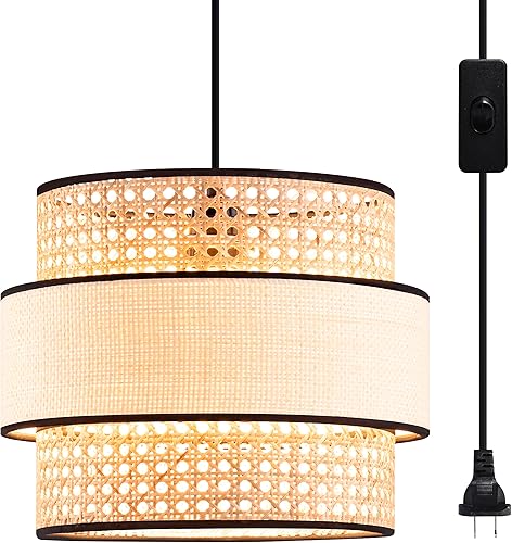GO&SO Lámpara colgante tejida de bambú hecha a mano de ratán de tres capas con pantalla de tela de alambre enchufable de 14.8 ft Adecuado para