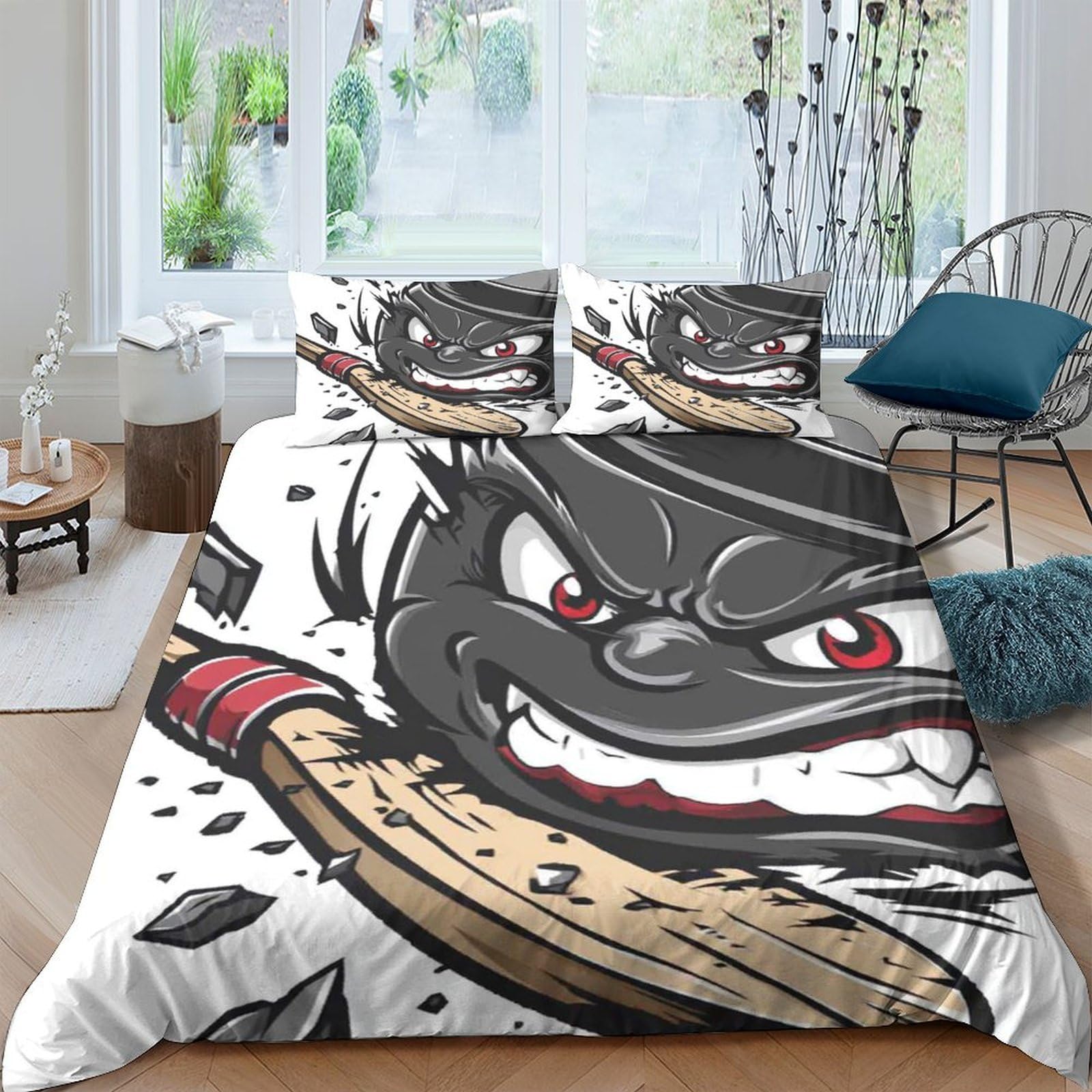 GPLZQXKJNH 3D Printed Cartoon Angry Baseball Duvet Cover Microfiber Soft Breathable Graffiti Bedding Set with 2 Pillowcases for Bedroom Decor Single（135x200cm）