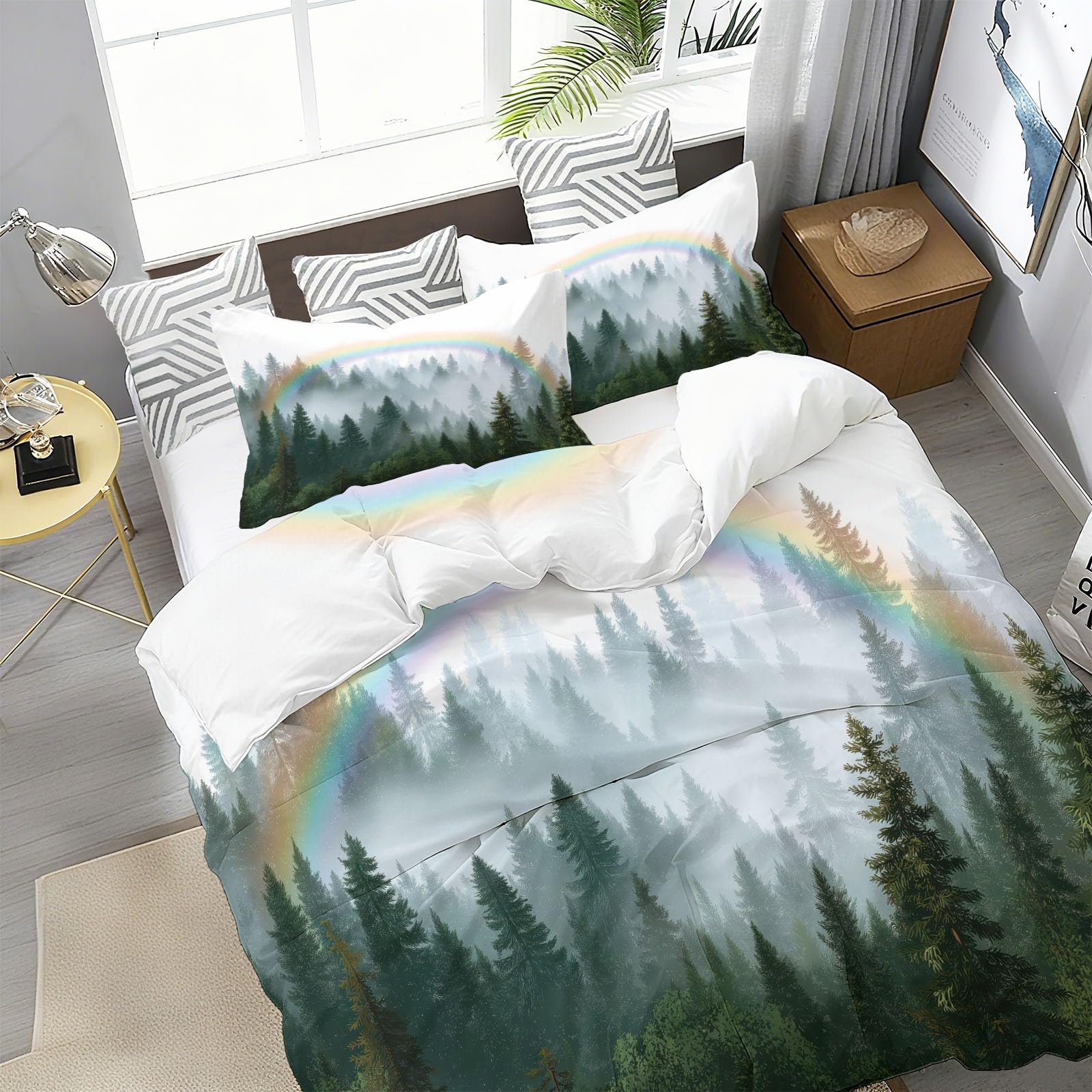 Nature Rainbows Forests Mist zestaw pościeli zielony dwustronny zestaw poszewek na kołdrę, miękka szczotkowana mikrofibra, poszewka na kołdrę 230 x 220 cm, poszewka na kołdrę, 2 poszewki na poduszki i