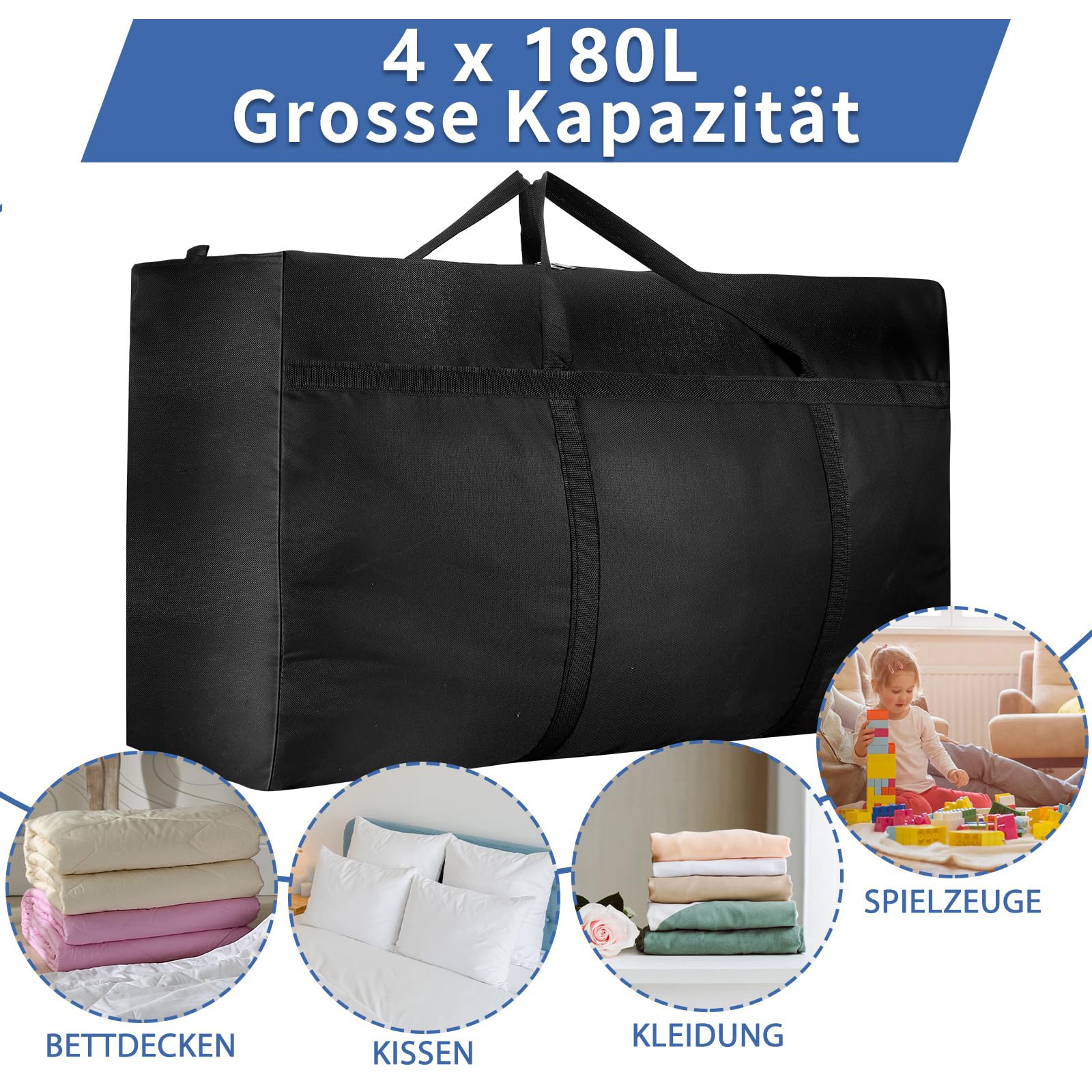 Dntorx 4 bolsas de almacenamiento extragrandes de 180 l, Oxford 600D, resistentes con cremallera, asa, impermeables, para edredones, ropa, ropa de cama