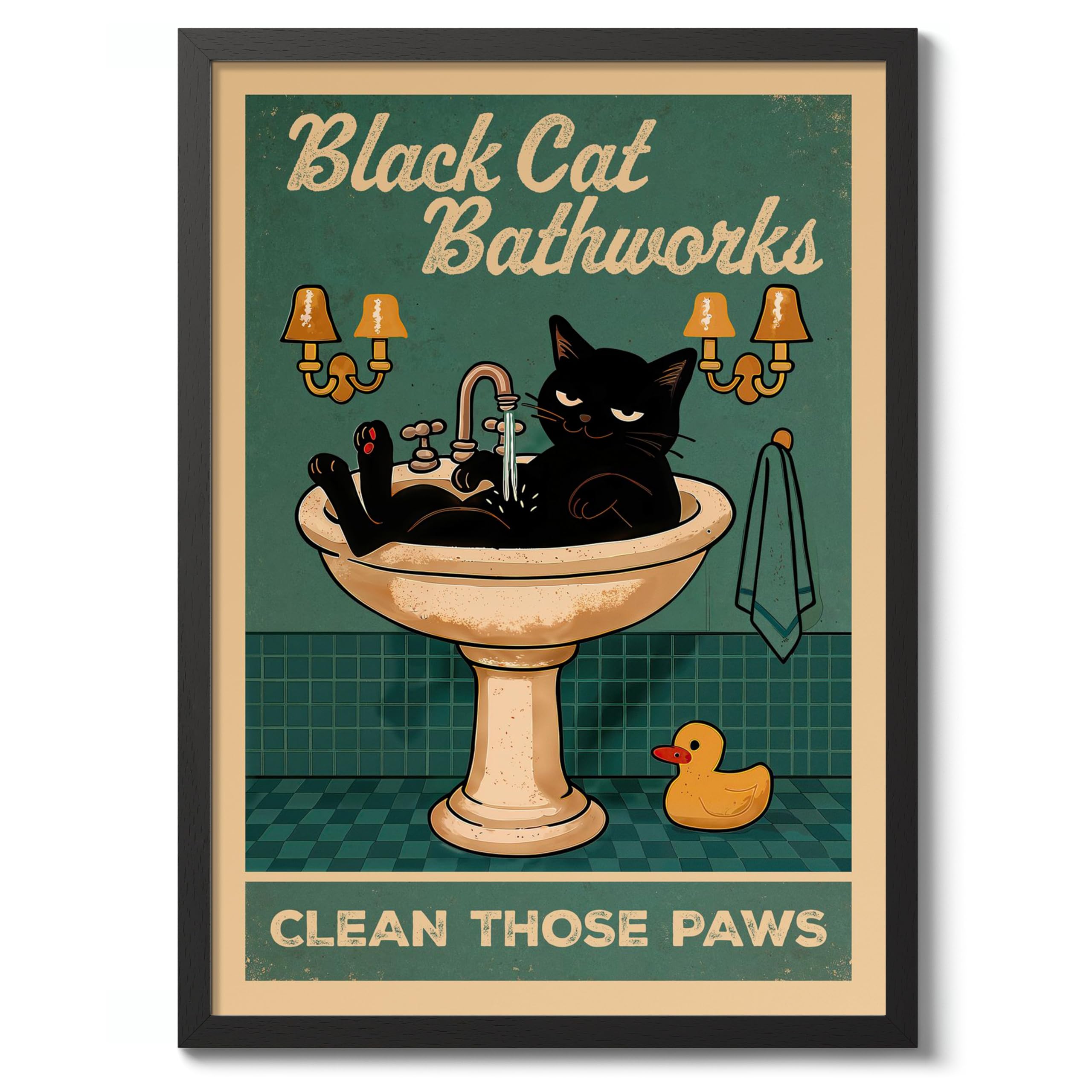 Black Cat Bathworks Poster, Retro Animal Bathroom Print, Comedy Toilet Wall Art, A5 (Black Frame) - 24.1x17.9cm