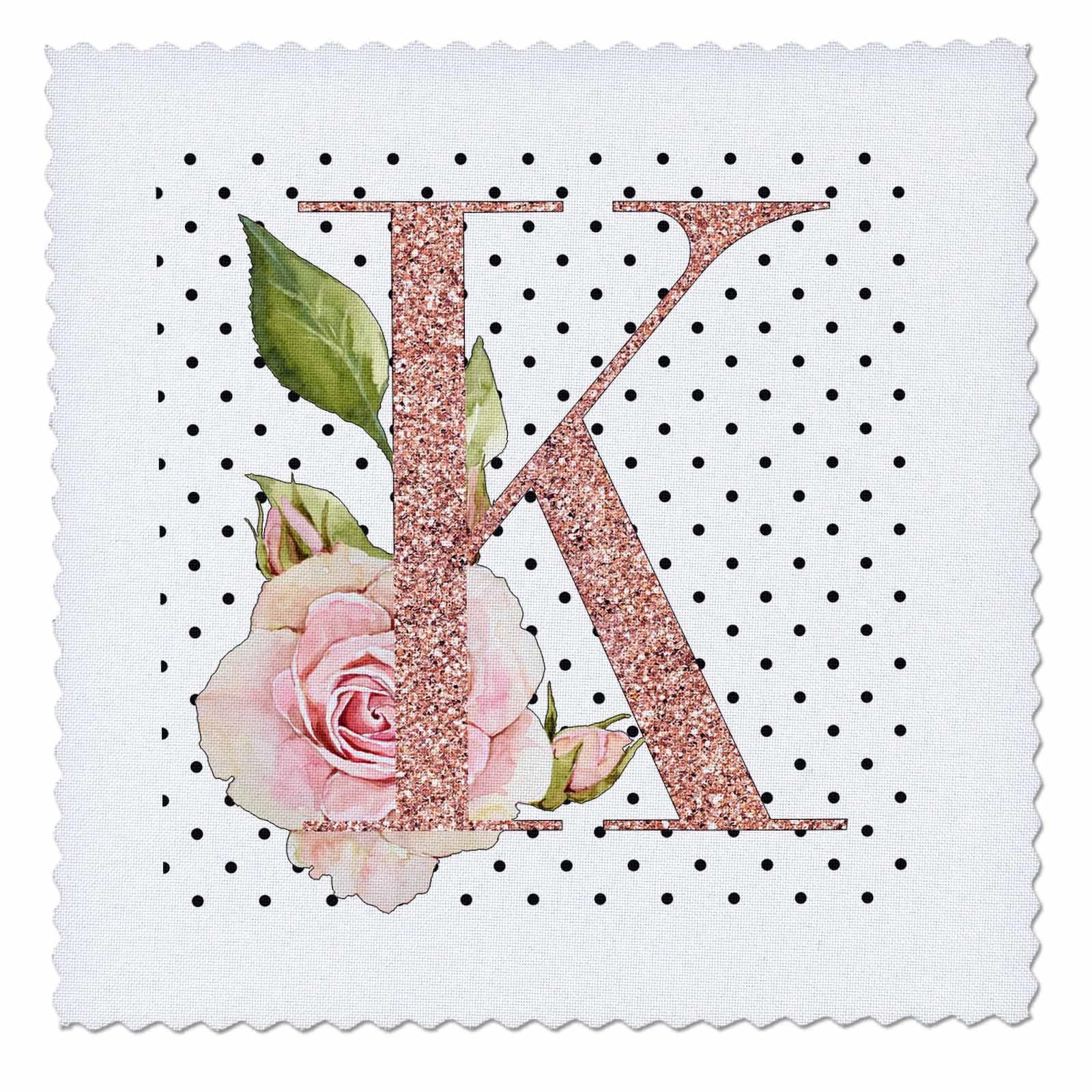 22x22 inch Quilt Square - Monogram Initial K Pink Rose Floral On Black and White Polka Dots Monograms
