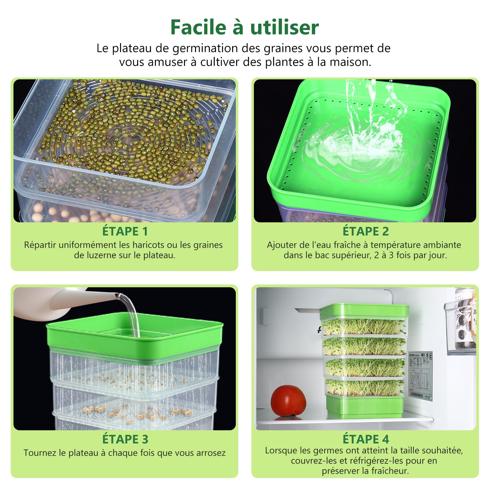 Kit de Germination de graines, kit de Culture de germes de Haricots à 4 étages, Plateaux de Culture de Micro-organismes Verts empilables pour Haricots, Luzerne et Herbe de blé