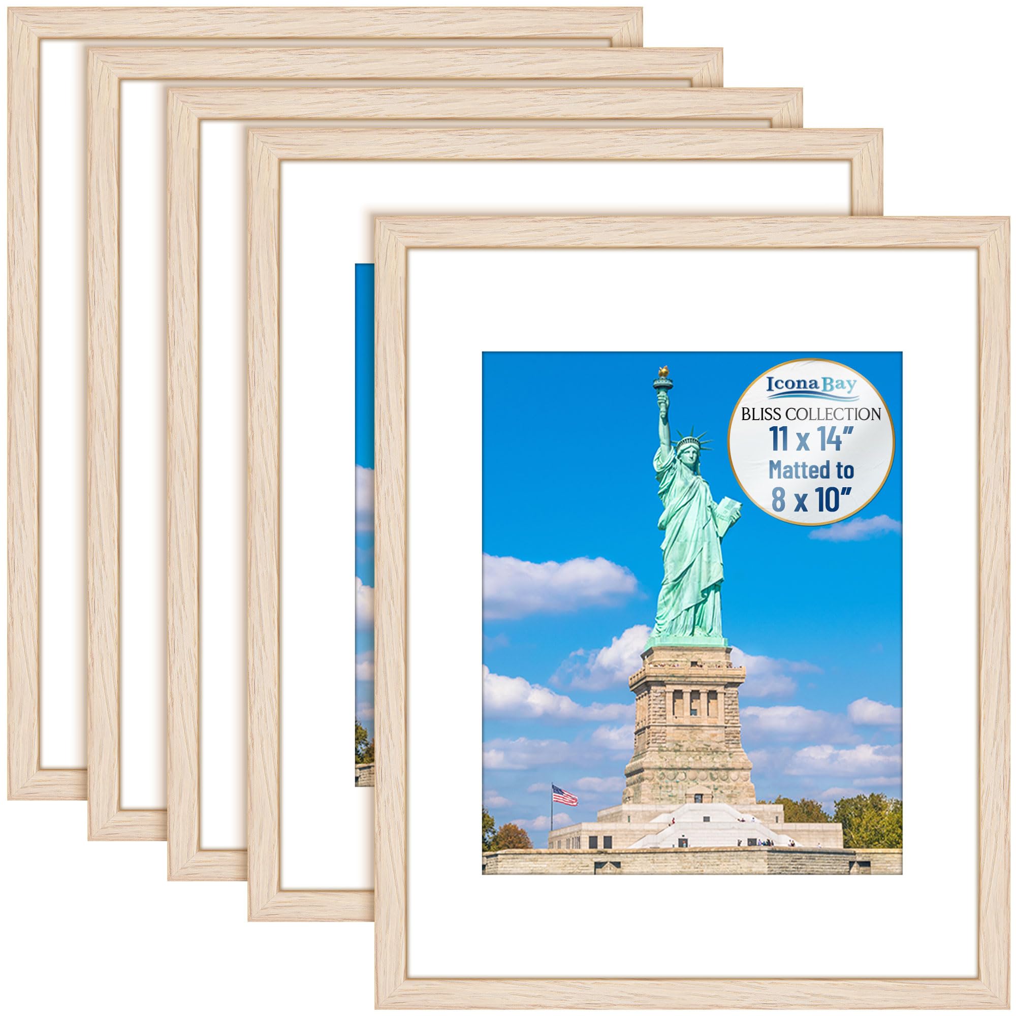 Icona Bay Bliss Collection Picture Frames with Removable Mat for 8x10 Inch Photos, Light Oak, Modern Style, Wooden Frame, Wall Mount Only, 5 Pack