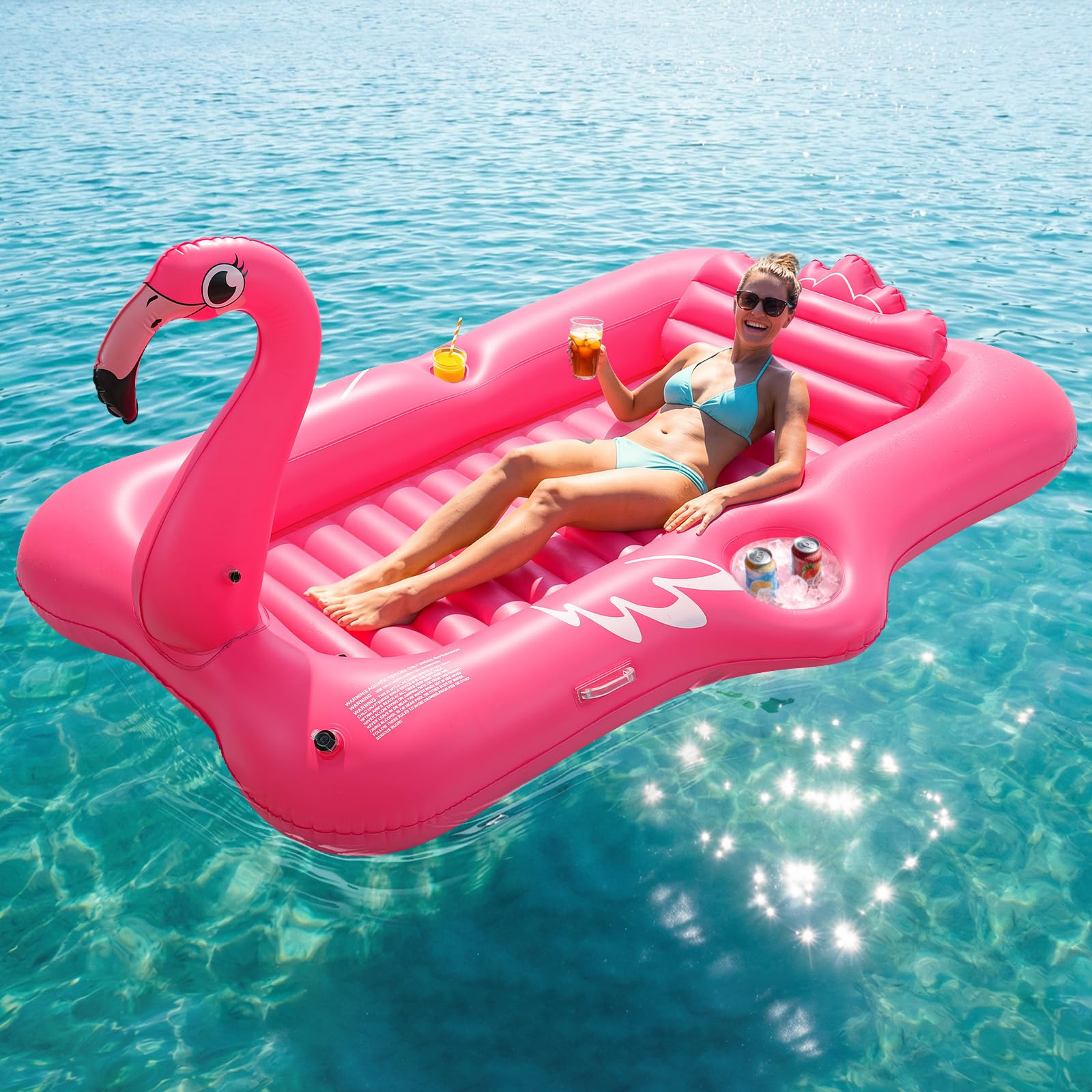 HeySplash Piscina Gonfiabile per Abbronzatura, Lettino Flamingo con Portabicchieri, Gonfiabili per Adulti, Materassino con Maniglie e Cuscino Staccabile per Spiaggia ed Estate (210x128 cm)