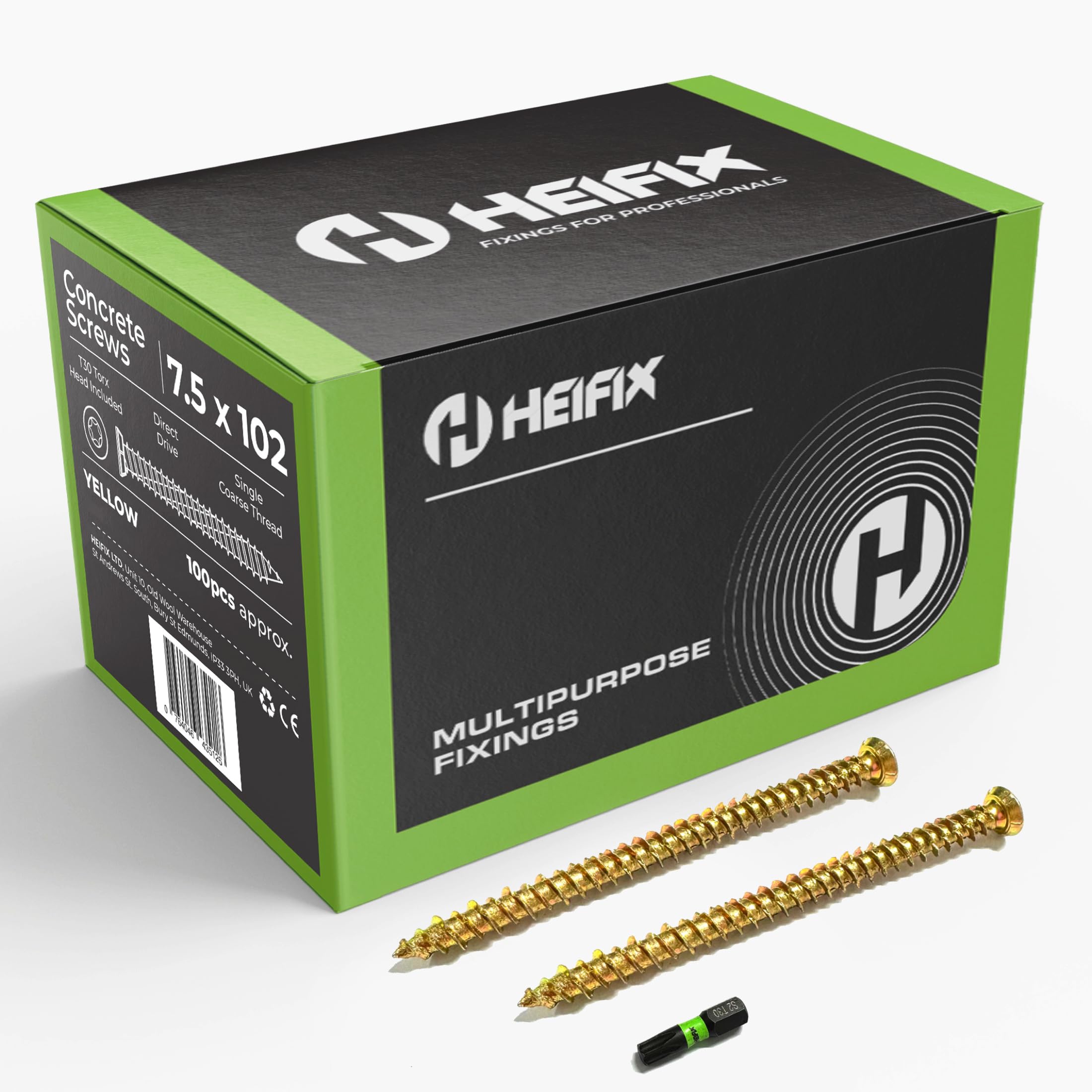 Heifix Carbon Steel Zinc-Plated Concrete Screws (QTY 100, 7.5mm x 102mm) FREE T30 Torx Bit Included - Flat Countersunk Head with Locking Ribs, Deep High/Low Thread for Maximum Hold