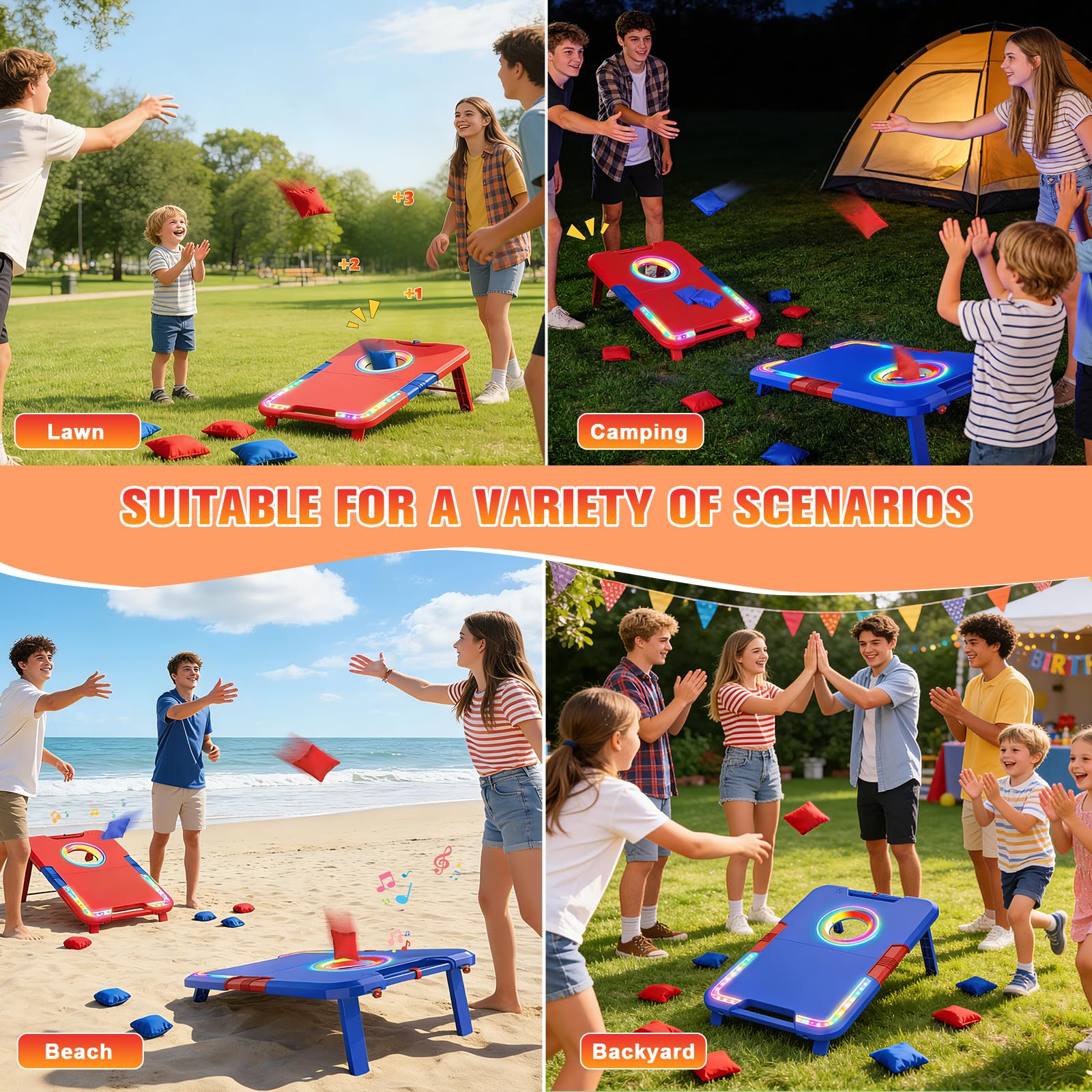 VATOS Tragbares Cornhole-Set mit LED-Lichtern & Soundeffekten, Punktanzeige, klappbar – 2 Spielbretter & 8 Beutel für Garten, Camping, Tailgate-Partys, Outdoor-Spiel für Kinder und Erwachsene