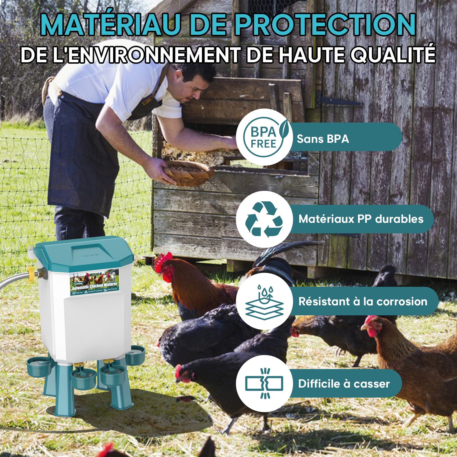 CHAMUTY Abreuvoir Poules Automatique 7 Litres avec Pieds, 4 Bols, Flotteur Filtré Contrôlé, Tuyau en Acier Inoxydable de 1,5 m, Distributeur Eau Poule Automatique Pour Canards, Oies, Dindes et Pigeons