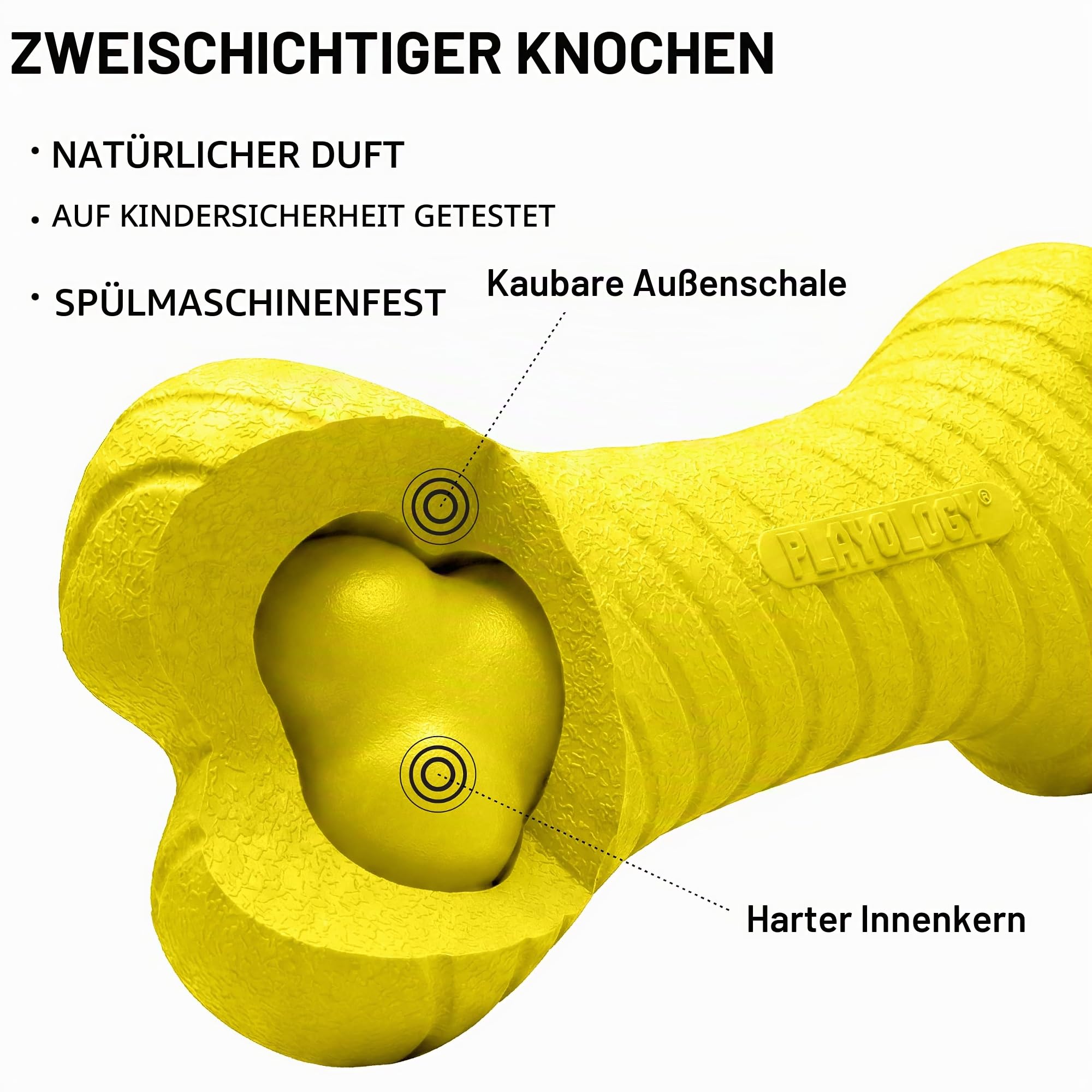 Playology Zweilagiges Knochenspielzeug – ansprechendes Hundespielzeug mit natürlichem Huhnduft, groß – Kauen, Werfen, Apportieren und Spielen | Gummi-Konstruktion, natürlicher Duft, robustes Design, verhüllende Dufttechnologie, 22,7 kg plus Rassen, Gelb