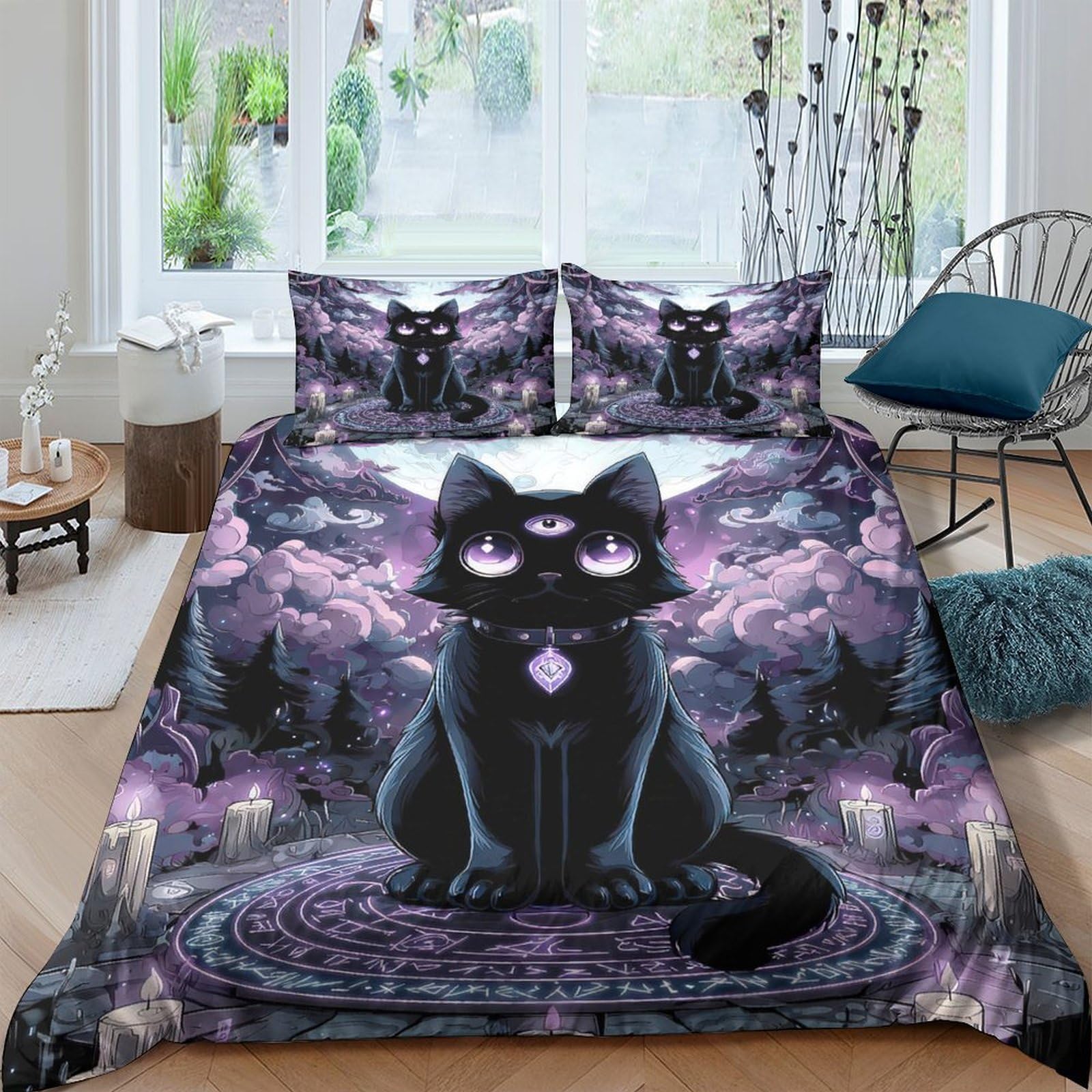 Ctjqhvkz Style-4 3D Printed Mystical Black Cat Fitted Sheet Microfiber Purple Fantasy Forest Bed Cover For Bedroom Dorm Mattress Decor Single（135X200cm）