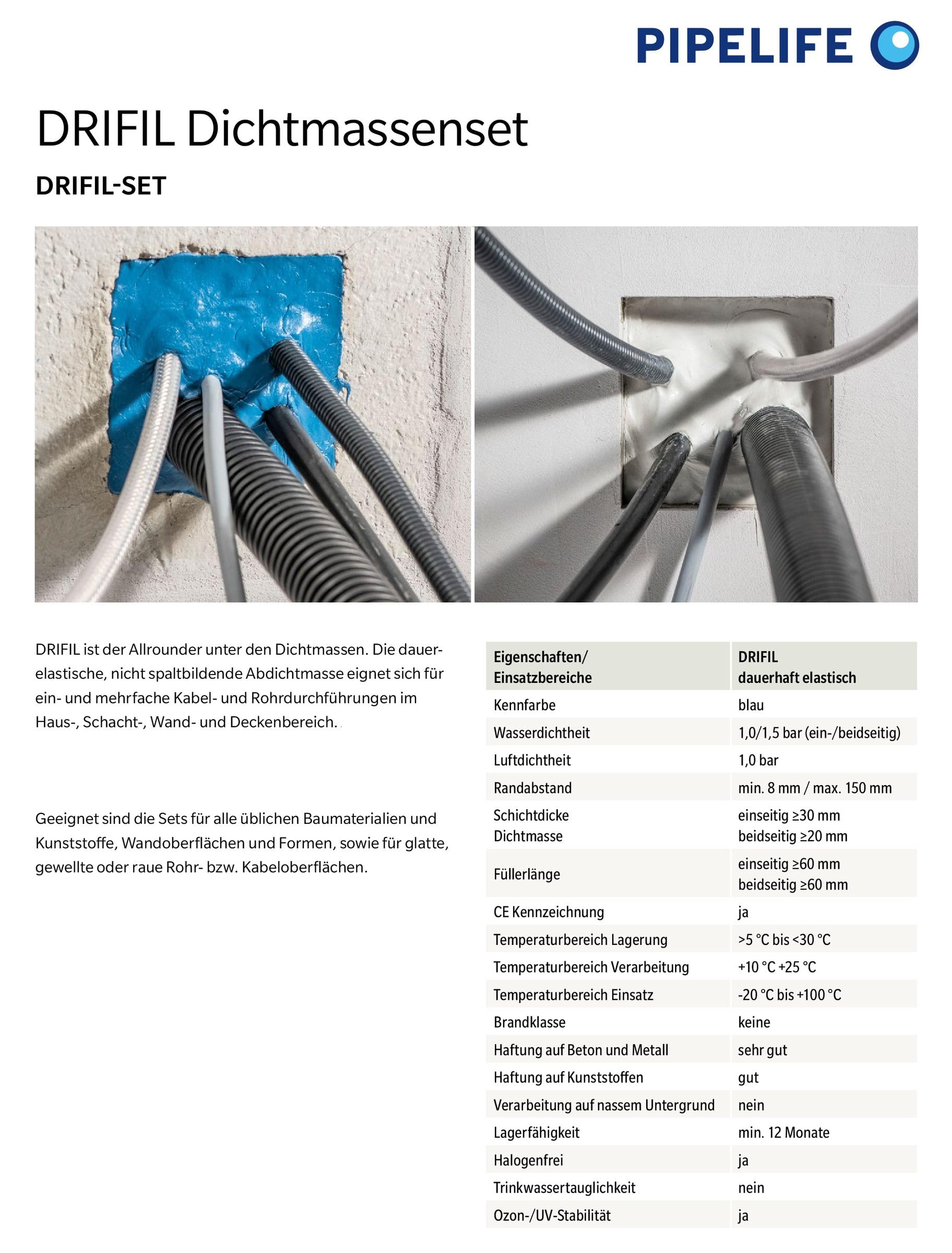 Pipelife DRIFIL SET Abdichtmasse 310ml 17 Stück Füllerröhrchen 22/15-60
