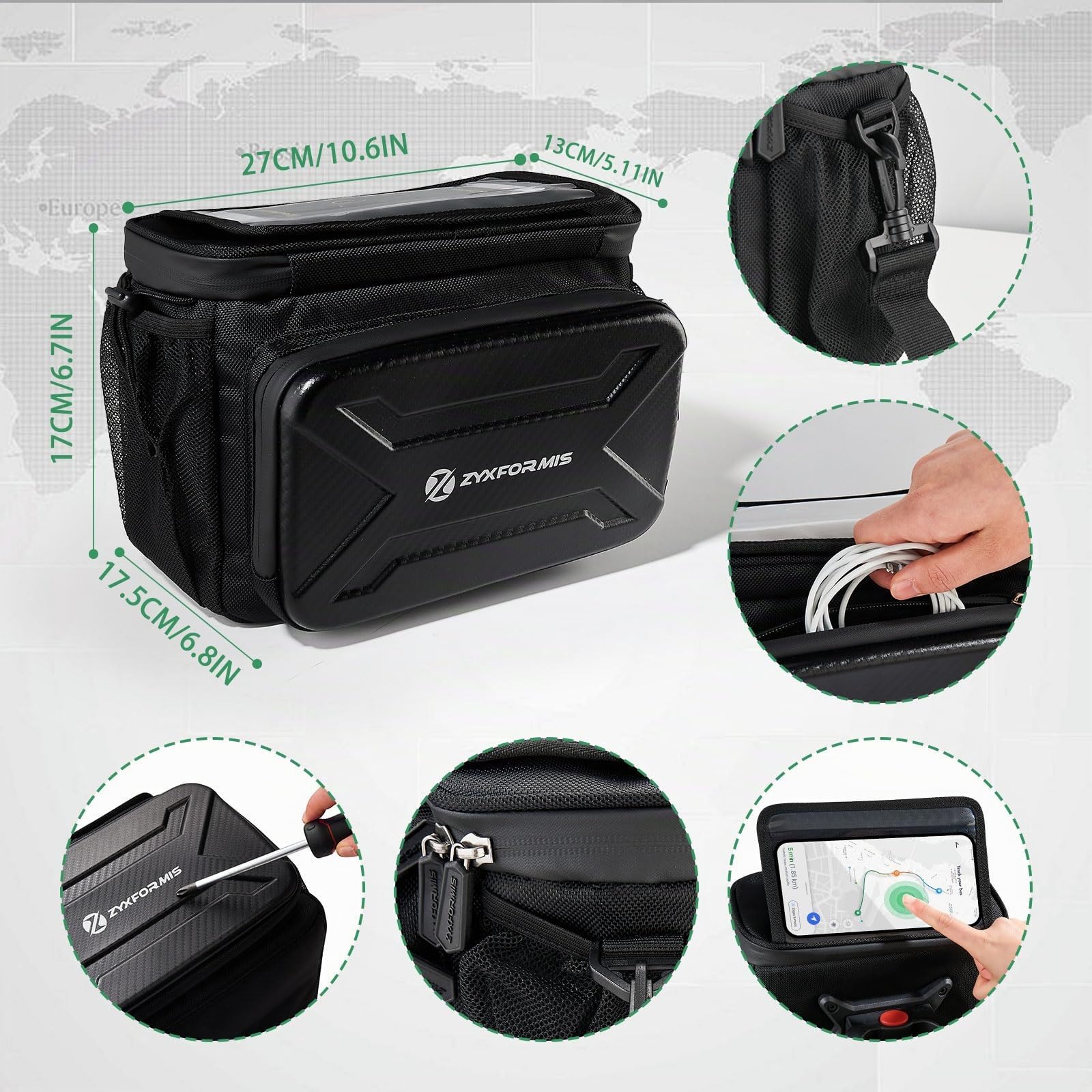Borsa da Manubrio Bici con Adattatore per Bicicletta e Bici Elettrica, 6L impermeabile Cestino Bicicletta Anteriore con Touchscreen e Supporto Telefono, Borsa Telaio Bici con spallina