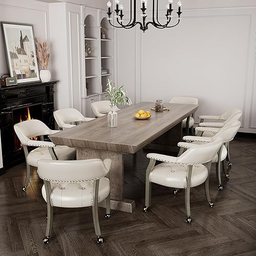 Miniatura 8 de MODERION SY1318WT - Silla de comedor con ruedas y brazos, silla de capitán de madera maciza, silla giratoria de escritorio de oficina, tapizada,