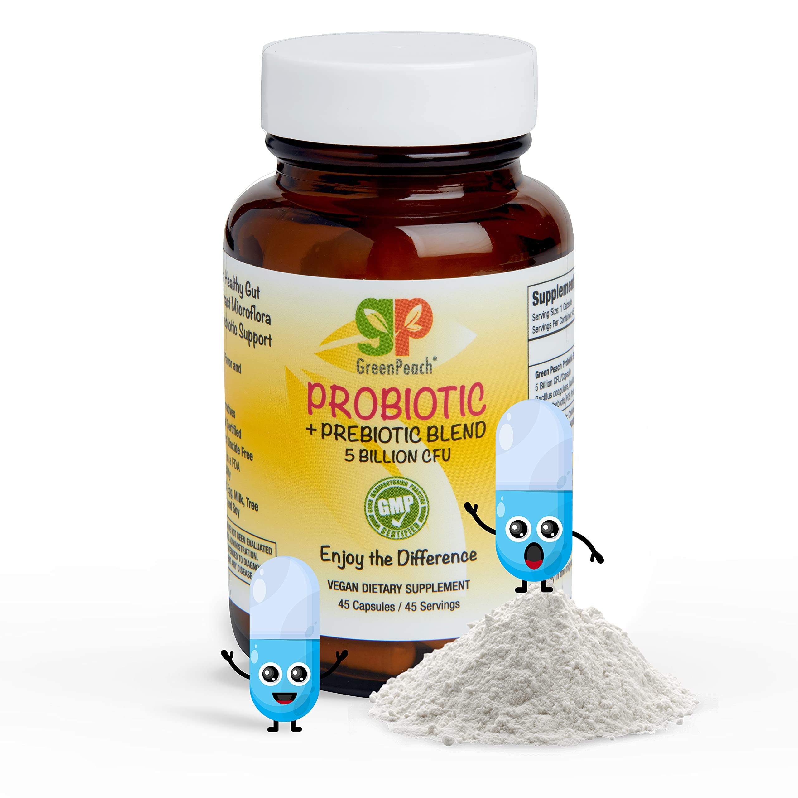 GreenPeach Vegan Probiotic Blend, 5 Billion CFU Added Prebiotic. Helps Maintain and Restore The Natural Balance of intestinal Micro-Flora. 45 Capsules