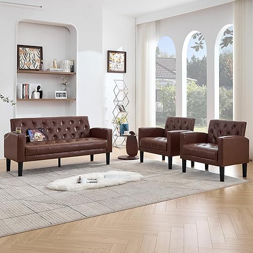 TYBOATLE Sofá biplaza de cuero de 62 pulgadas de ancho con sillas, juegos de sofá de 3 piezas para sala de estar con 2 puertos de carga USB y 2