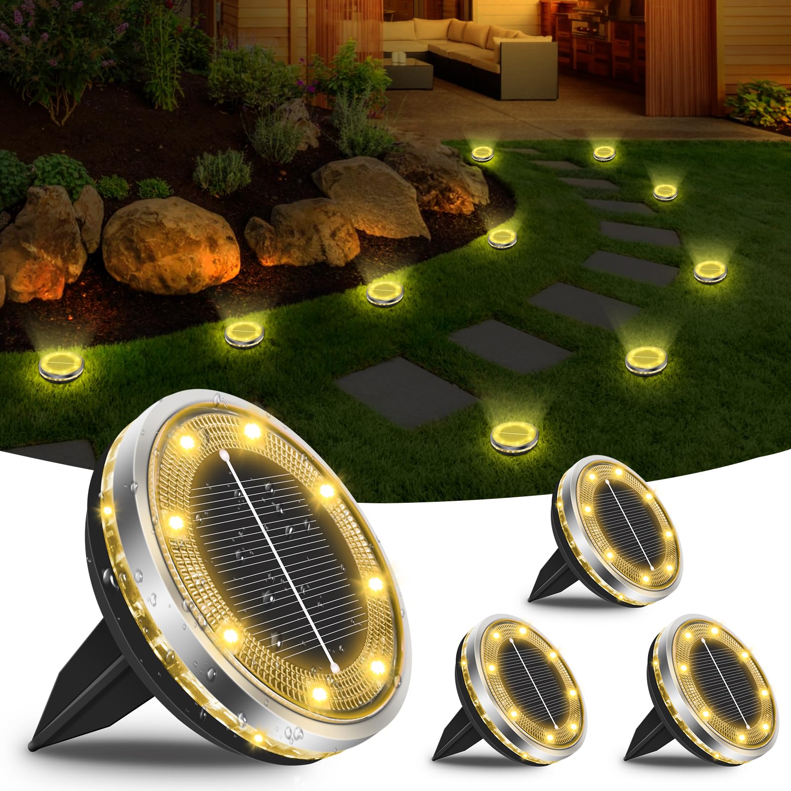 Bowfar 12 Stück Solar Bodenleuchten Aussen, IP65 Wasserdicht Solarlampen 8 LEDs Gartenbeleuchtung Solar Mit Upgrade Solarpanel, Warmweiß Solarleuchten für Garten, Rasen, Gehweg, Patio, Auffahrt