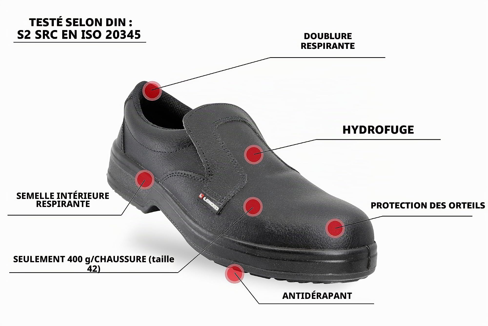 Base Black S2 Chaussures de sécurité plates Noir Chaussures de travail Chaussures de cuisine