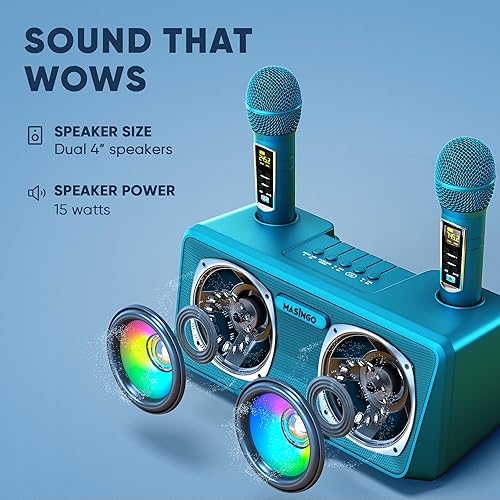 Miniatura 23 de MASINGO máquina de karaoke para adultos y niños, con altavoces Bluetooth portátiles, 2 micrófonos inalámbricos, luces LED, sistema PA y modo karaoke