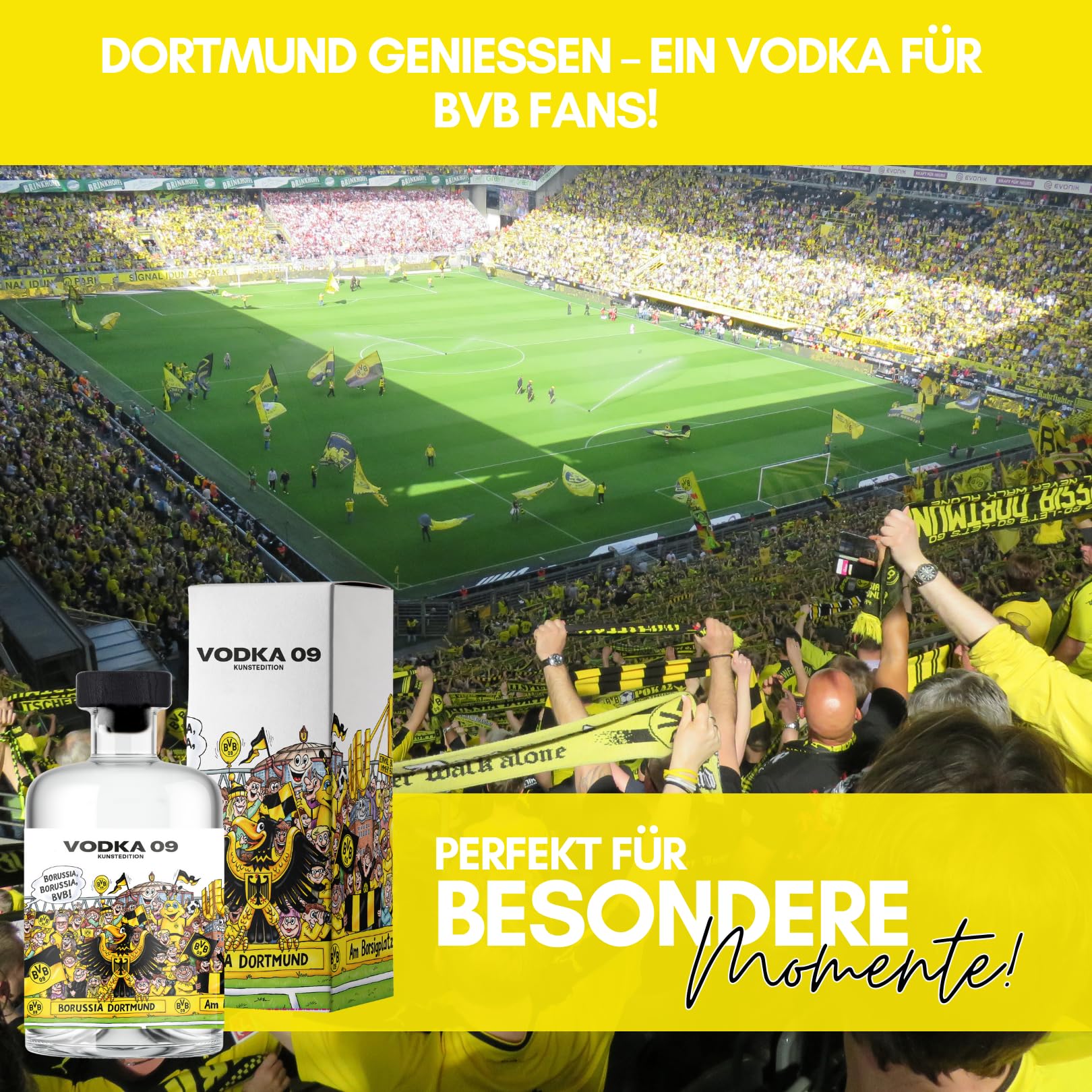 BVB Vodka 09 - Das Original | mit Geschenkverpackung | Fanartikel, Männer, Frauen, Weihnachten| Fußball, Hausbar | Geschenkidee für echte Borussia Dortmund Fans | 500ml Einzelflasche | 38% vol