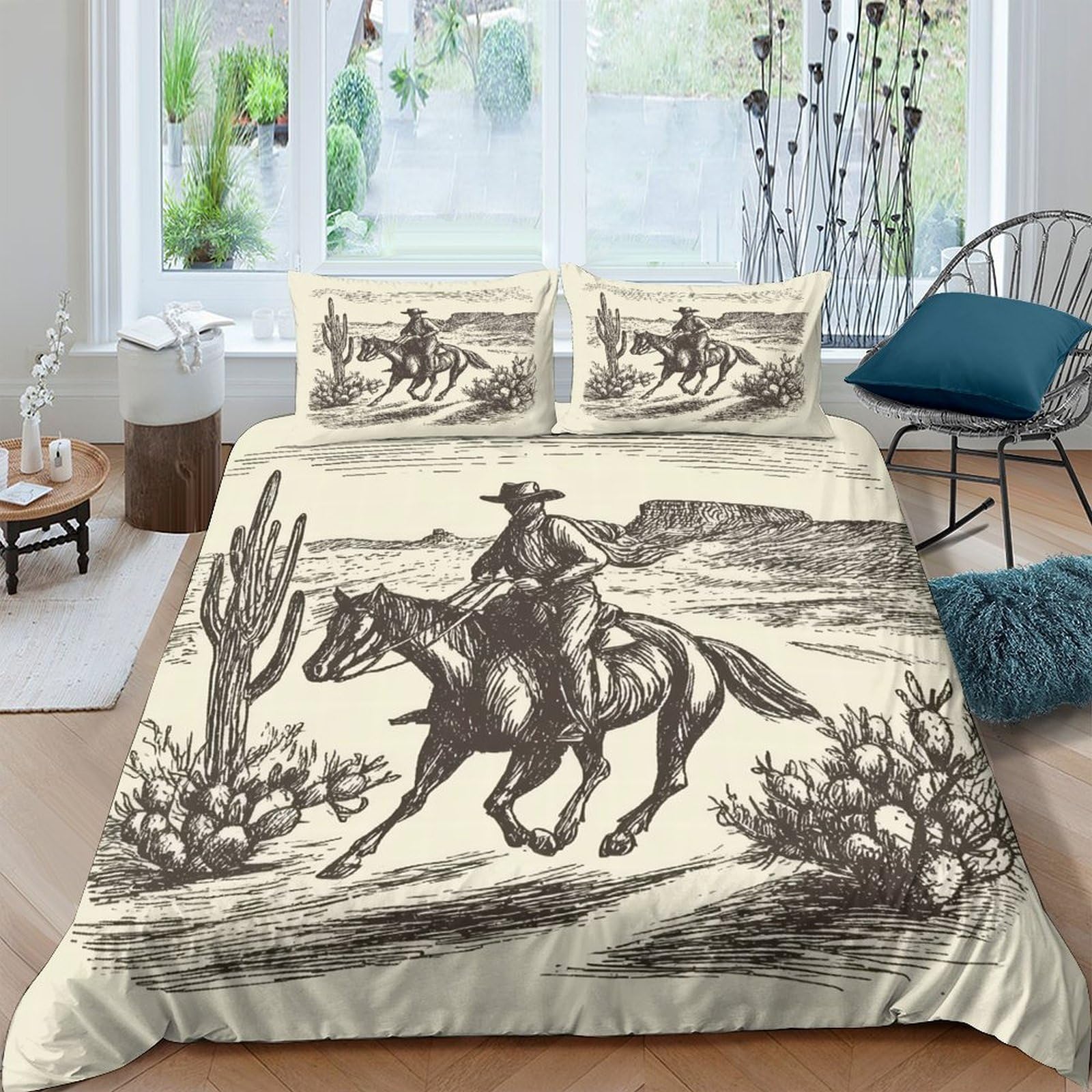 Ctjqhvkz Style-1 3D Printed Cowboy Western Fitted Sheet Microfiber Soft Breathable Desert Horse Bed Cover For Bedroom Guest Room Decor Single（135X200cm）