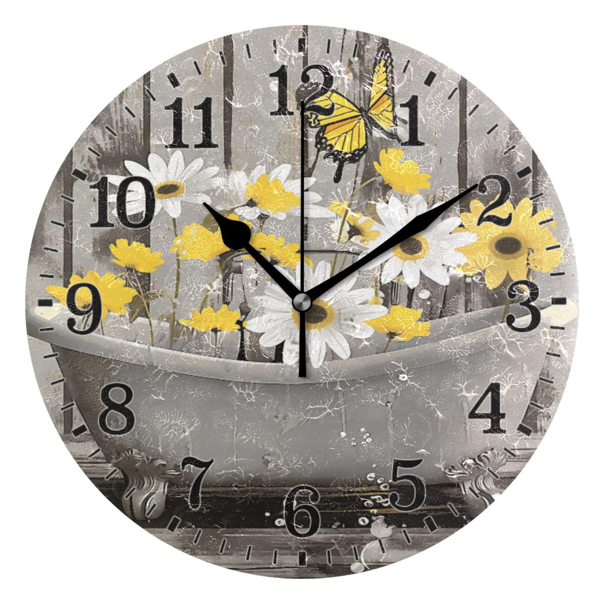 JUNZAN Daisy Butterfly Bathtub Silent Wall Clock for Bathroom Indoor Decoration No Ticking 10 Inch Round Small Clock for Hospital Classroom Home