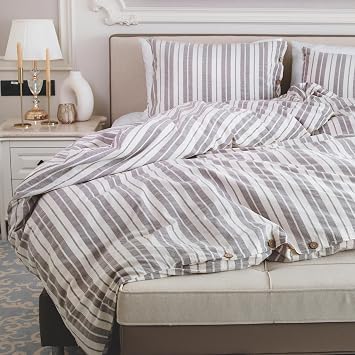 Lavien Home, 100% Natural Cotton Duvet Cover Set Queen Size, Linen Like Striped, 1 Duvet Cover with 2 Pillowcases, Soft and Easy Care (Milas, Queen 90"x90")
