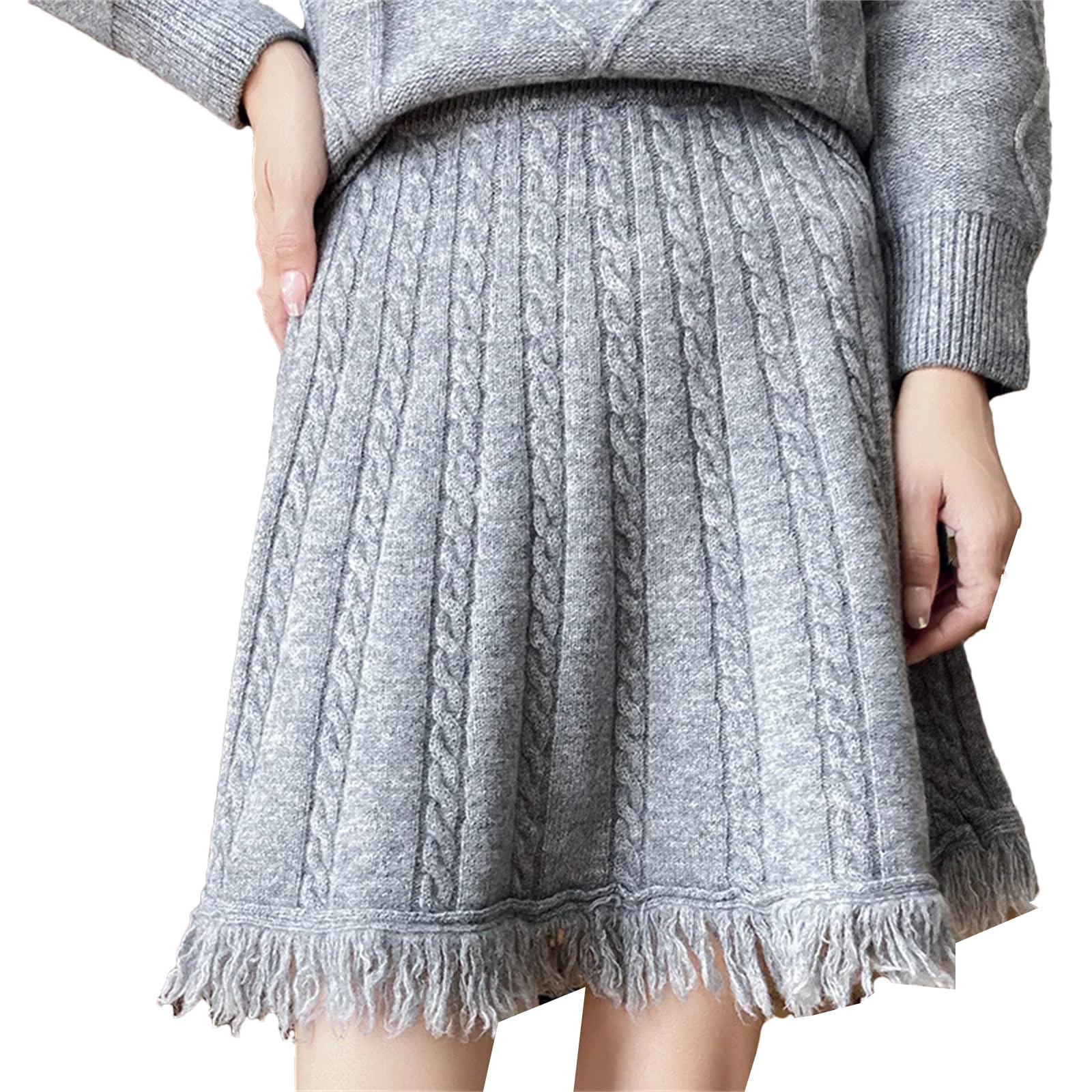 Lmtossey Gonna corta da donna in lana lavorata a maglia, con nappe intrecciate