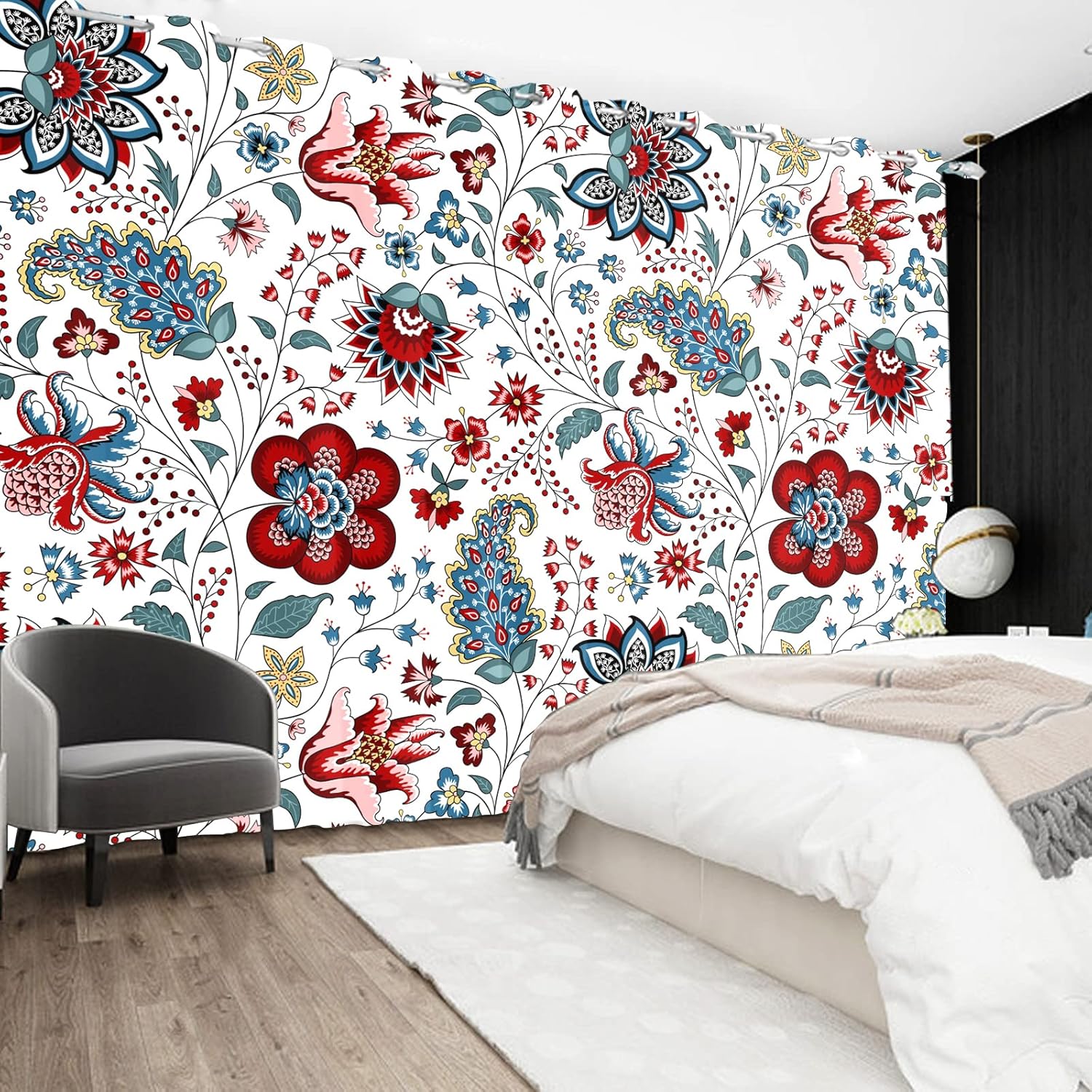 Boho Colorful Floral Blackout Curtains Paisley Flower Plant Printing Pattern Minimalist Decor Curtain for Bedroom Living Room Grommet Darkening Window Drapes 2 Panel Set, 21x45 Inch