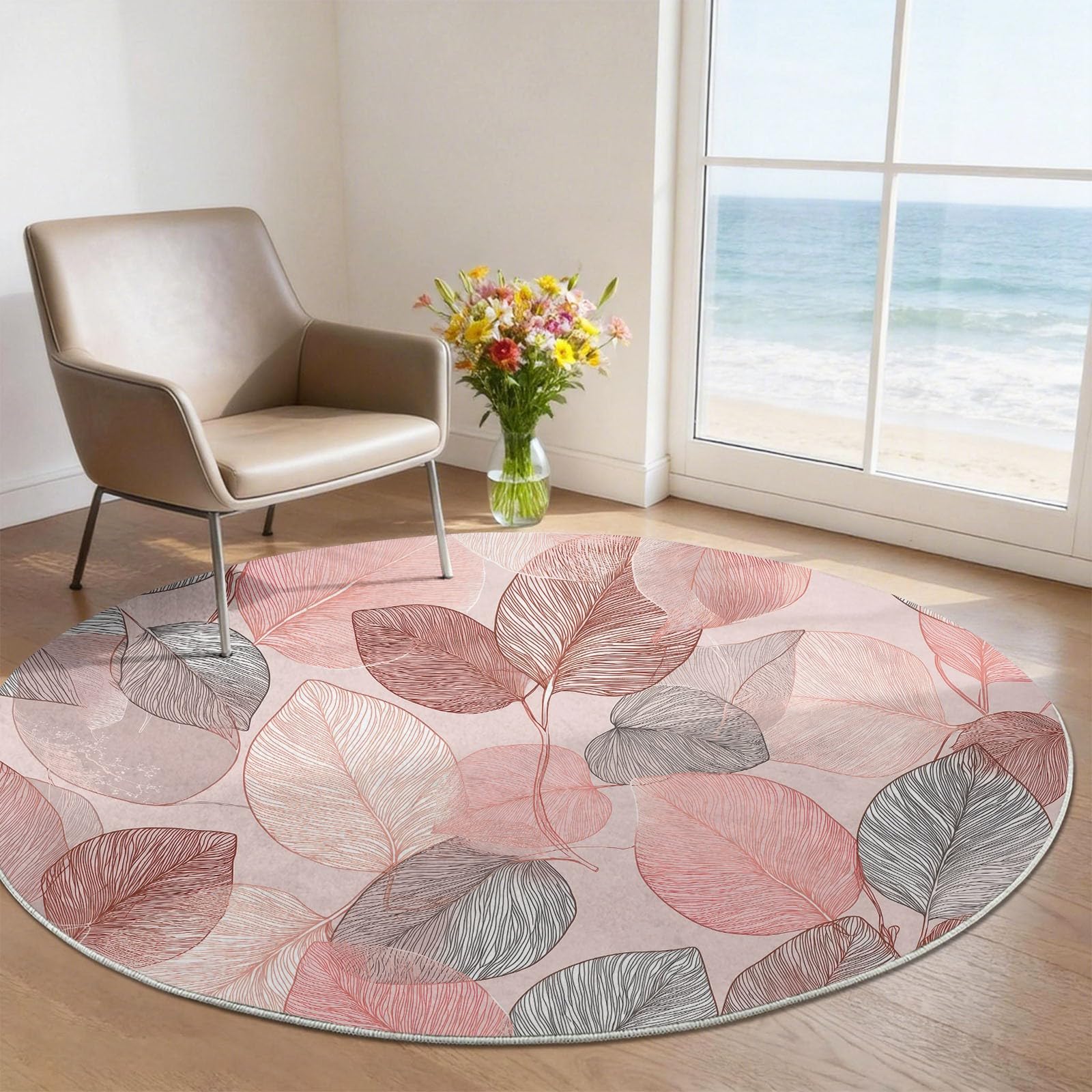 Round Rug for Living Room 200 cm, Plants Modern Art Rug Washable & Non-Slip Low Pile Circle Carpet, Soft Rugs for Bedroom, Pink Leaves Lines Rugs Kitchen, Nursery, Dinning Room