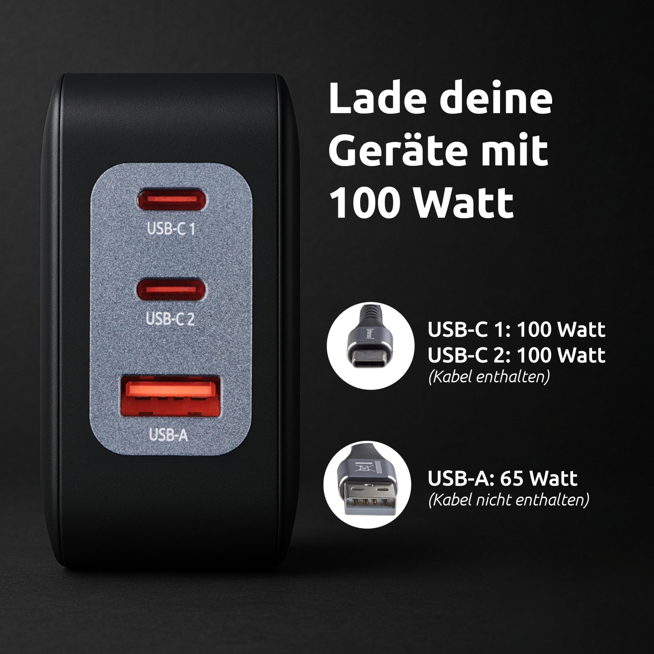 Intenso 100W GaN Schnellladegerät mit USB-C Kabel 2m – 3-Port Netzteil (2X USB-C, 1x USB-A), PD 3.1, PPS & QC 5.0 Fast Charger für MacBook, Laptop, iPhone 16/15, Samsung Galaxy, iPad, Schwarz