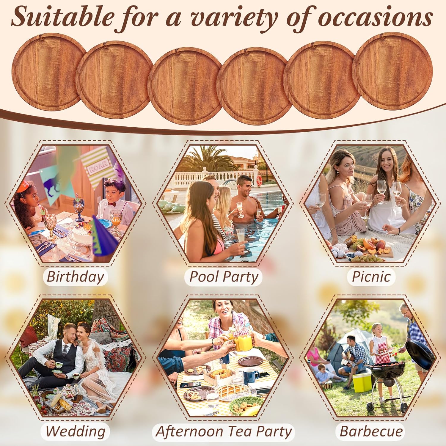 Dandat 16 Pcs 6 Inch Acacia Wood Dinner Plates Round Wooden Charger Plates Dinnerware Set Lightweight Classic Handmade Serving Tray for Dishes Dessert Snack Food Housewarming Gift - Image 4